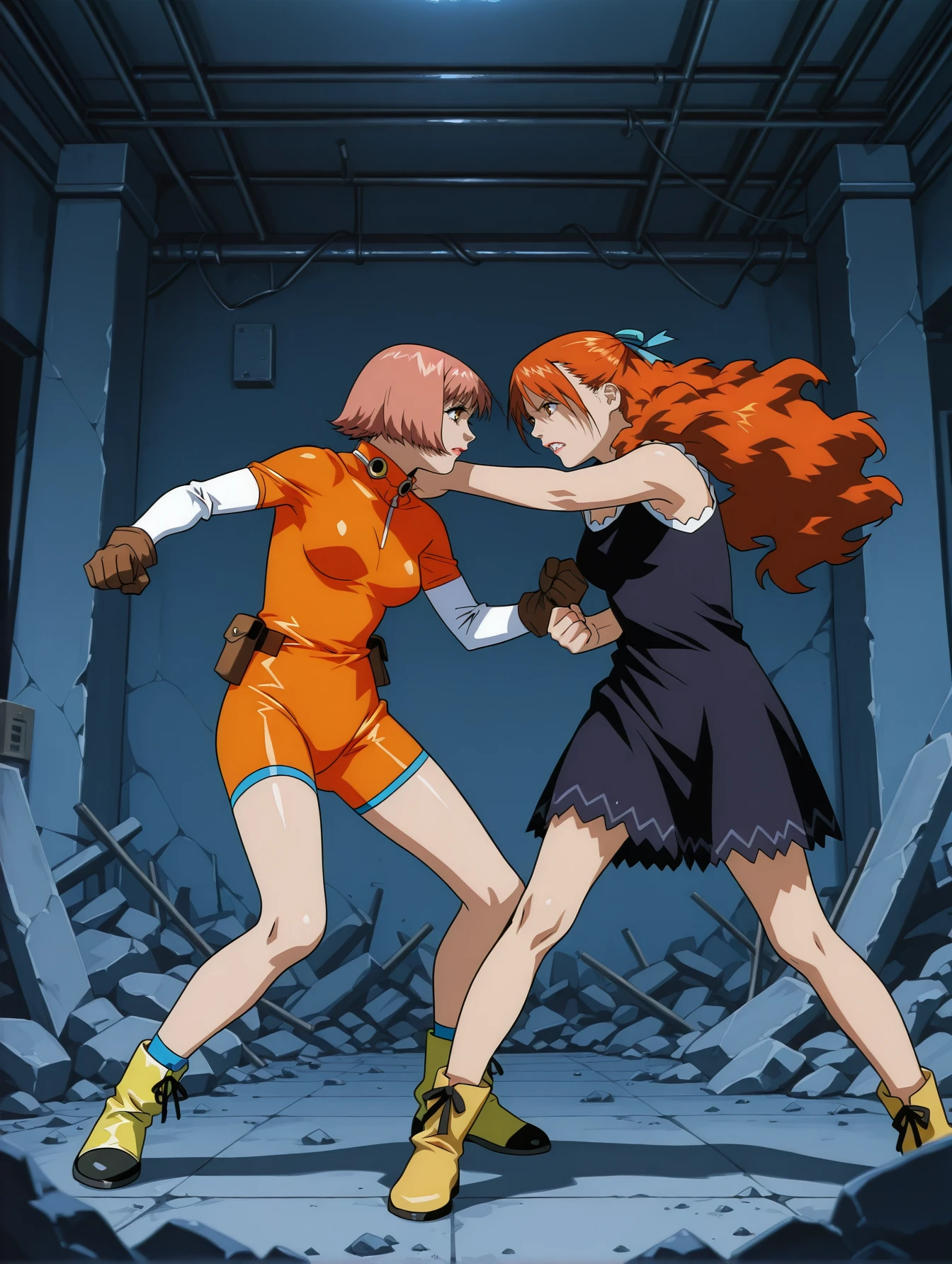 <lora:mikura-momomi-v4-illustrious-000009:0.9> 2girls, fighting, rubble, indoors, masterpiece, best quality, cinematic lighting
2girls, fighting, m1kur4a, bodysuit, boots
2girls, fighting, imo0m1, hair ribbon, sleeveless dress