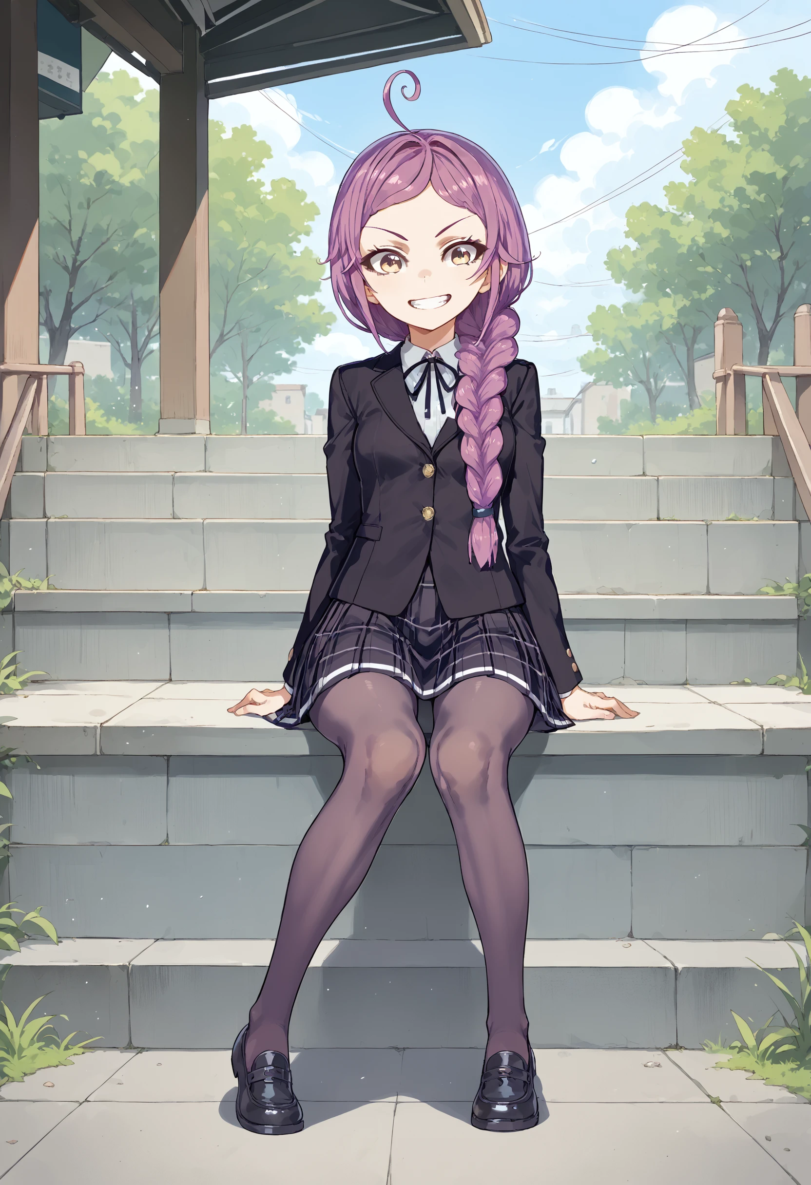 score_9, score_8_up, score_7_up, <lora:Lila_Original_Character-000007>, l1lako1, 1girl, skinyy body, skinny legs, purple hair, single braid, school uniform, skirt, pantyhose, grin, sitting, anime_source