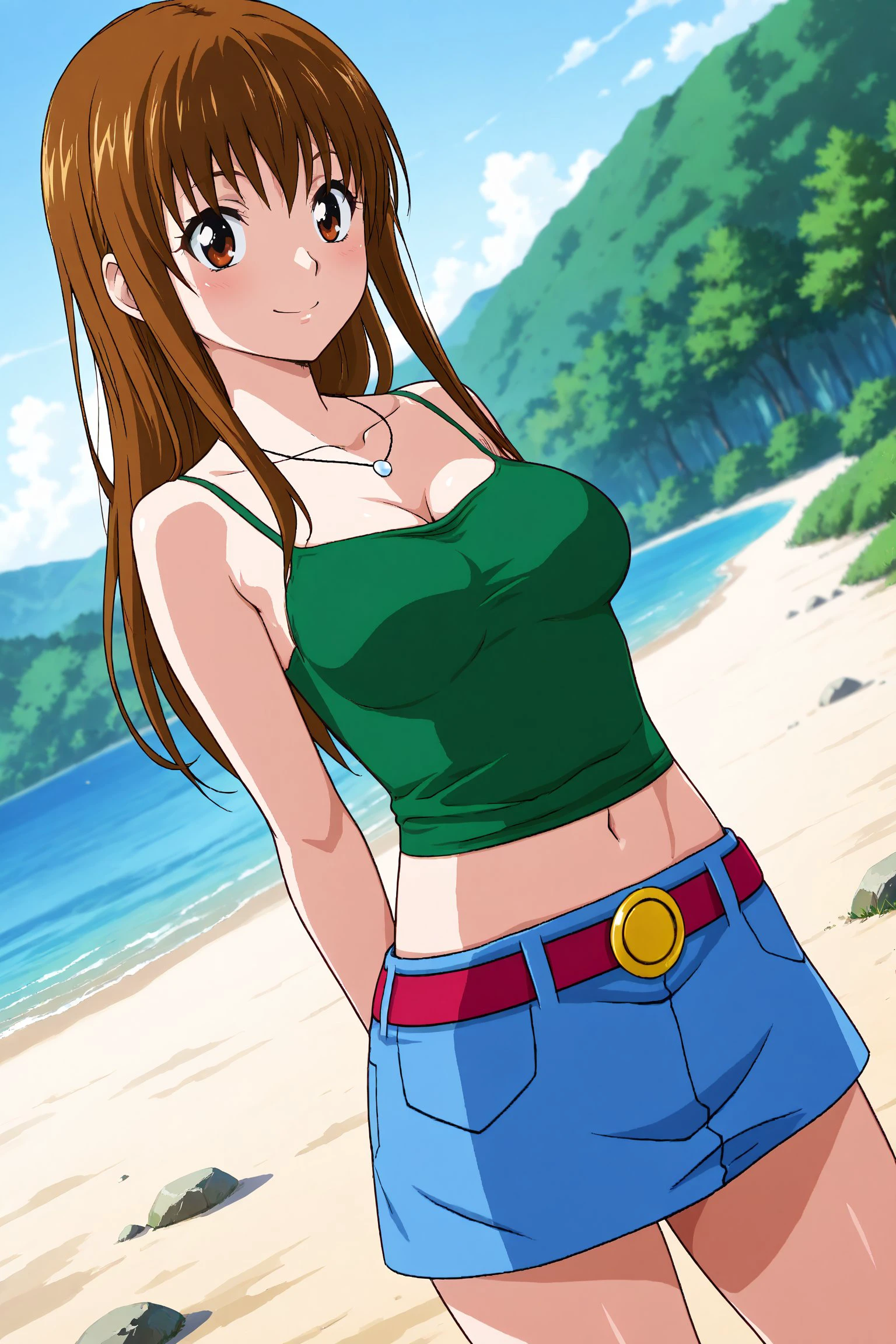 depth of field,light particle,light dramatic,high quality,masterpiece,anime screen capture, danbooru,BREAK one girl, dutch angle, BREAK Megumi, brown hair, long hair, brown eyes, gold buckle, green camisole, necklace, denim skirt, belly button, red belt, BREAK standing, hands behind back, smiling, mouth open, BREAK campsite, lakeside, sunny day