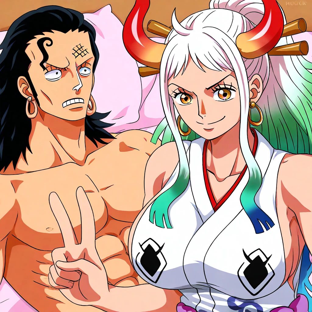 Masterpiece, best quality, anime, anime style, GuyTiredAfterShrex-IL, 1girl, yamato \(one piece\), curled horns, red horns, multicolored horns, orange eyes, white hair, green hair, long hair, multicolored hair, aqua hair, gradient hair, blue hair, sidelocks, ponytail, high ponytail, hair stick, large breasts, sleeveless kimono, bare shoulders, hoop earrings, earrings, shimenawa, toned BREAK 1boy, Ace \(one piece\), black hair, tired, lying, lying on bed,