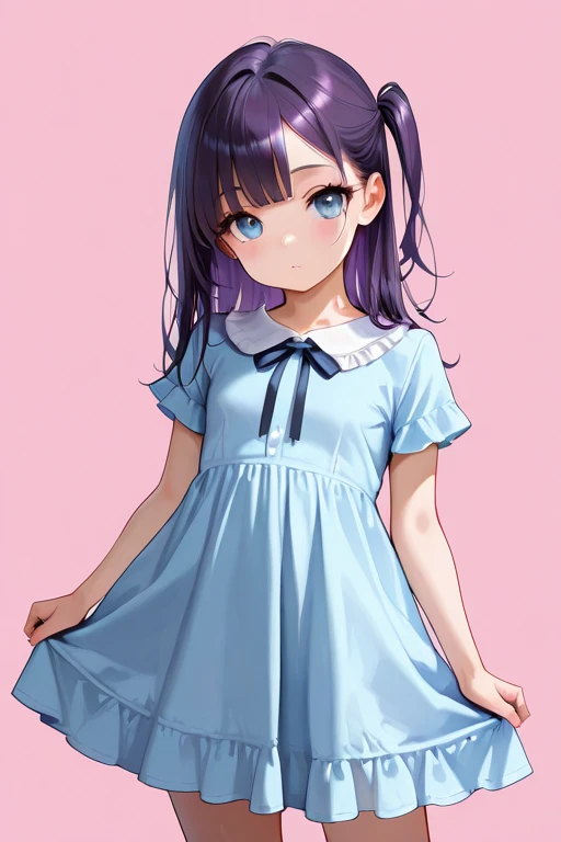 masterpiece,amazing quality,best quality,ultra-detailed,8K,illustration,CG,shiny hair,clear skin,ultra-detailed-eyes,simple background,cute girl, petite girl,eyelashes,kawaii,purple hair,long hair,one side up hair,bangs,white-blue eyes,small breasts,real skin, <lora:jyoji one piece_illustrious_V1.0:0.7> jyojifuku, dress, short sleeves,ribbon,frills,skirt hold