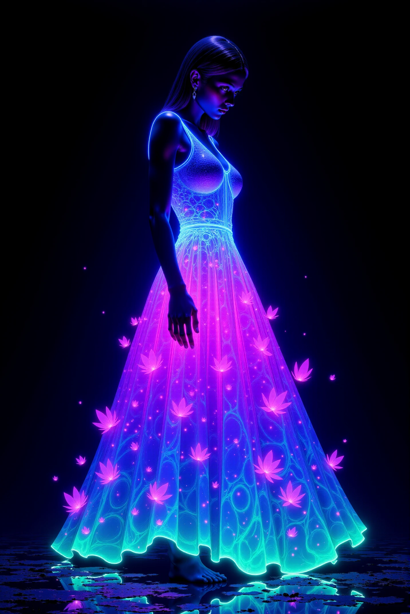 (Her dress appears to glow brightly, at the top it glows in bright electric-blue , flashy amethyst-violet glow in the middle and glowing cyan-green bottom of the hem. Very dark, dim environment. Very dark, almost black background:1.4). Hyperdetailed digital art, multiple glowing various flowers and leaves, flashy colors, a lot of vivid bright luminous glowing particles, rich intricate gradients, meticulous photorealistic details, dark background, resembles CGI, by artists in the style of digital photorealism and fantasy art. <lora:DGLO_style_v.6:0.85>