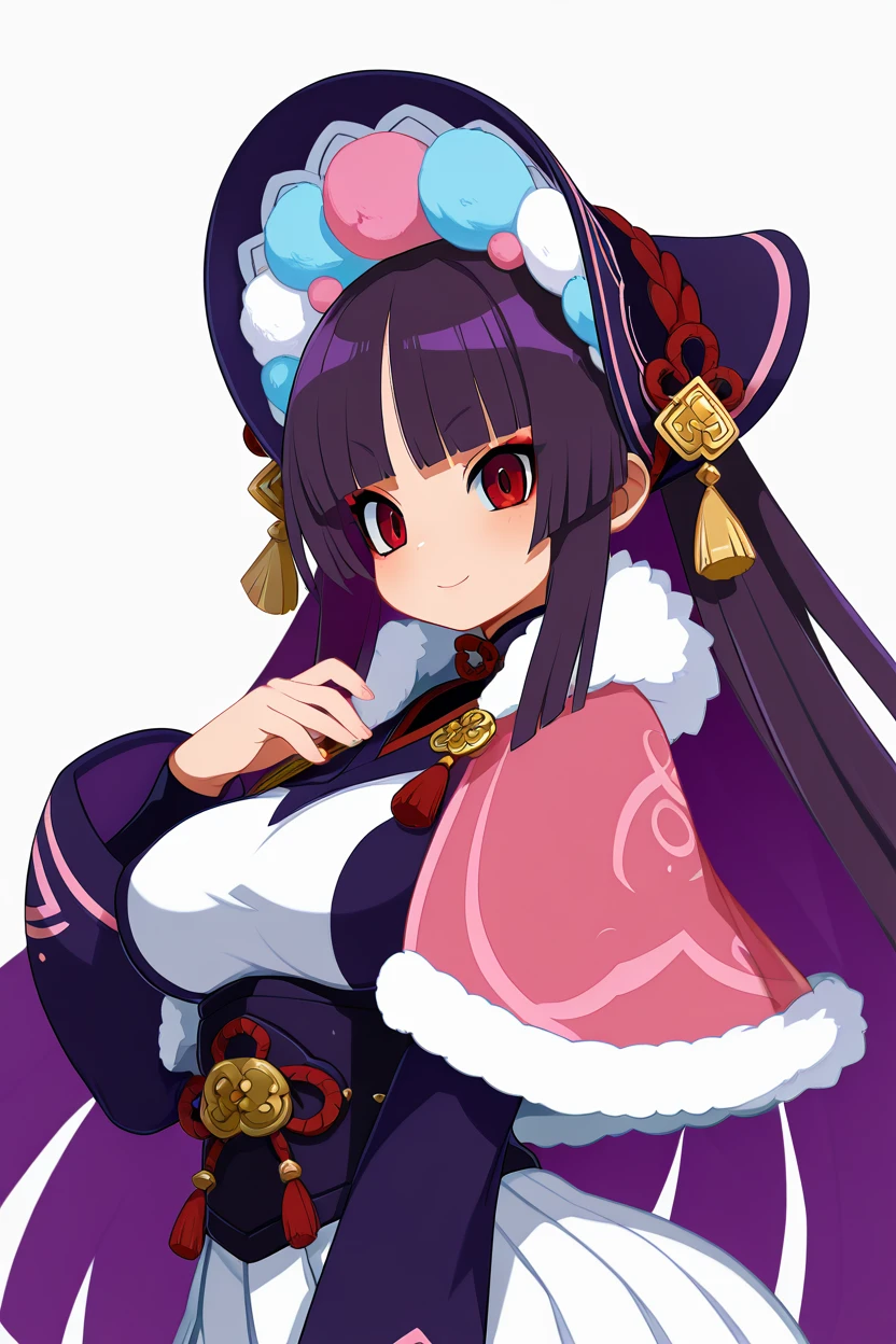 masterpiece, best quality, solo, curvy, beautiful eyes,,<lora:YunjinGenshinIXL:1.0>, zzYunjin, red eyes, red eyeshadow, black hair, hair ornament, long hair, purple hair, eyeshadow, blunt bangs, bonnet, long sleeves, dress, capelet, fur trim, makeup, pink capelet, white skirt, pantyhose,  upper body, side view, smile, looking at viewer, shiny skin,<lora:HaradaTakehitoIXL_v3:1.3>, <lora:ZankuroIXLLight_v2:0.6>,