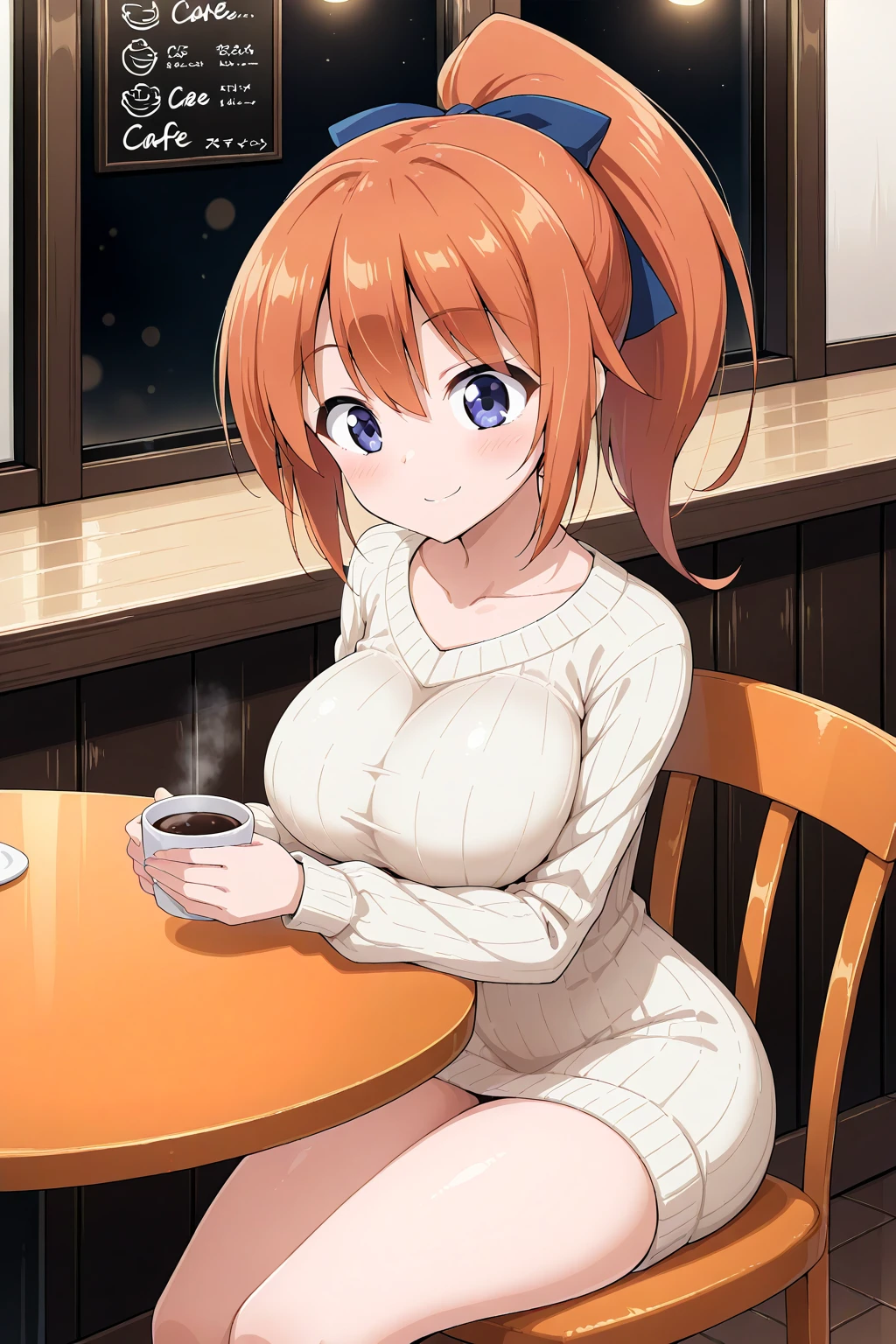 <lora:Moralgear Illustrious:0.6>,  1girl, solo, sweater dress, cafe, sitting, large breasts, smile, holding cup, ponytail, orange hair, table, chair