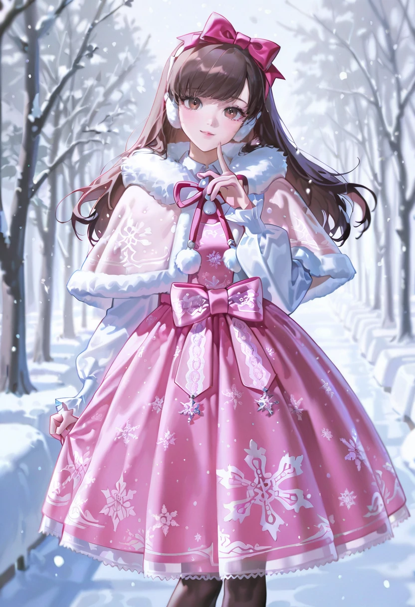 pink smc dress, bow, fur-trimmed capelet,snowflake print,snowing,1girl,solo,konya_karasue,looking at viewer,d.va (overwatch)