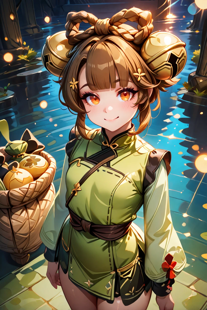 masterpiece, best quality, solo, curvy, beautiful eyes,,<lora:YaoyaoGenshinIXL:1.0>, zzYaoyao, brown eyes, orange eyes, brown hair, hair bell, hair ornament, hair rings, short hair, bell, jingle bell, braid, long sleeves, green dress, blunt bangs, basket, puffy long sleeves, from above, dynamic pose, cowboy shot, smile, looking at viewer, shiny skin,<lora:RealisticAnimeIXL_v2:1.0>, shiny skin, bokeh, luminescent background,