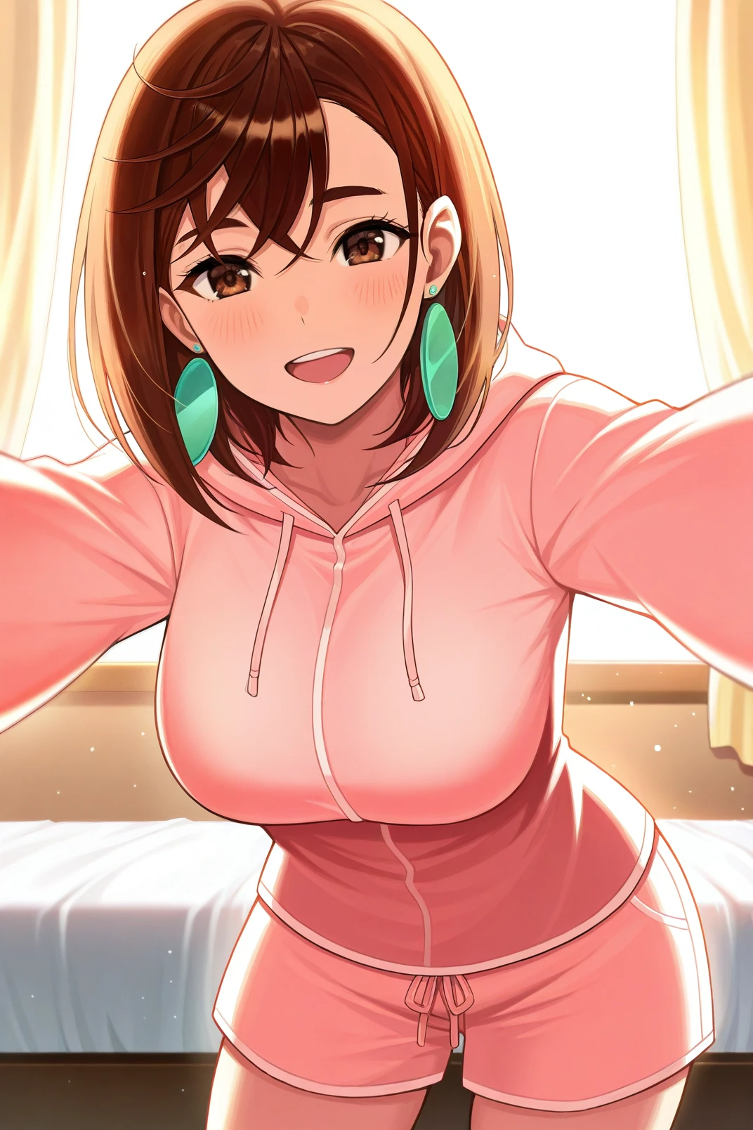 masterpiece, best quality,  absurdres, highres, cinematic light, 1girl <lora:momo_ayase:1> ayase_wz, medium hair, brown hair, brown eyes, large breasts, green earrings, chocker pink pajamas, hood down, pink shorts BREAK
soft lighting, looking at viewer, pov, selfie, smile, :d, room, window, bed, sidelighting, curtains, window shadow, light particles, light rays, motion blur,