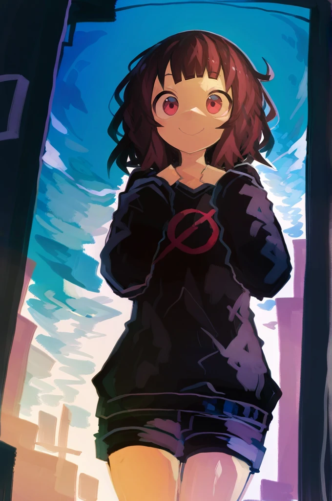 masterpiece, best quality, amazing quality, very aesthetic, absurdres, newest, scenery, 
(happy:1.3), set in __cof-location/place/urban-alley__, at night
<lora:Milk-chan-000037:1> milk-chan \(milk series\), null sign, black sweater, black shorts, 1girl, solo, cowboy shot, kaamin \(mariarose753\),