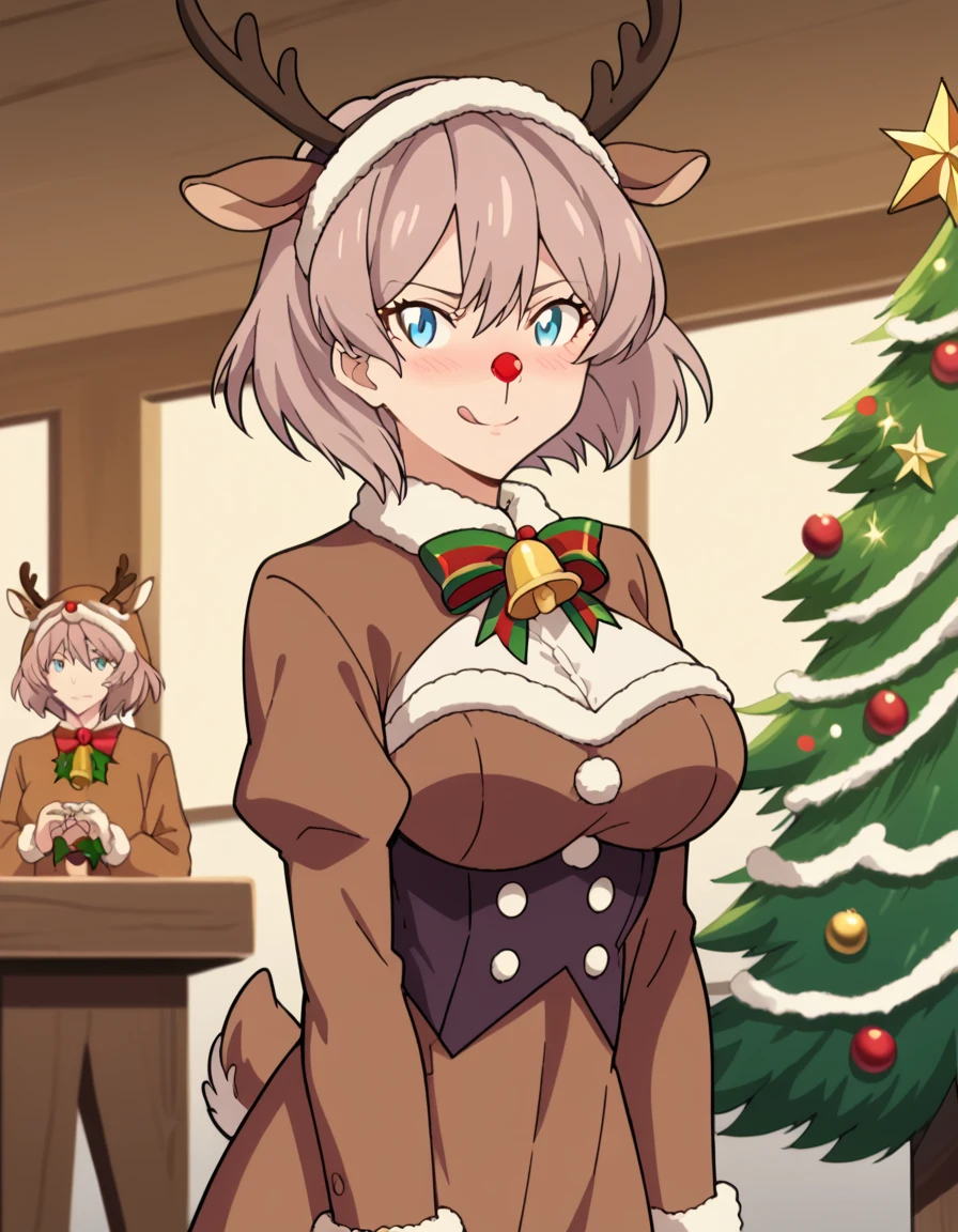 score_9, score_8_up, score_7_up, source_anime, <lora:mujina-s1-ponyxl-lora-nochekaiser:1>, mujina, short hair, bangs, blue eyes, large breasts, anime screencap,, <lora:reindeer-costume-ponyxl-lora-nochekaiser:1>, reindeer costume, animal costume, reindeer antlers, antlers, fake antlers, reindeer hood, christmas, red nose, deer ears, deer tail, christmas tree, bell, horns, reindeer,, blush, smile, tongue out, looking at viewer,, , dutch angle, cowboy shot