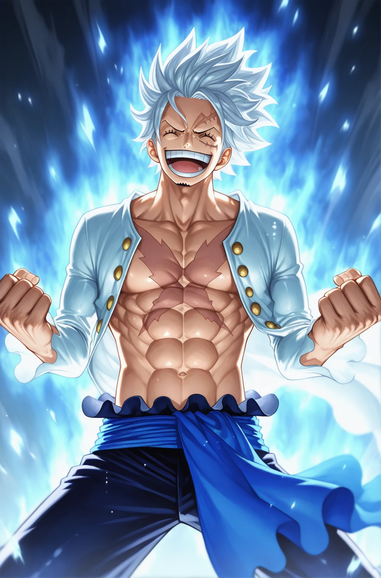 masterpiece, best quality, 2.5D, 
 <lora:Ultra Instinct [IL]:1> ultra_instinct, white and blue aura,  floating hair, silver hair, fight stance
1boy, solo, male focus, monkey_d_luffy, one_piece, smile, laugh, white long sleeve clothes, open clothes, scar on chest, abs,