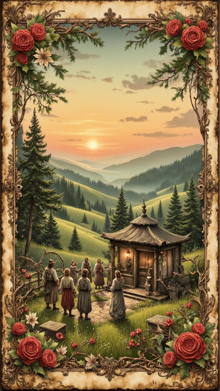 Iznik Tiles of a A group of ancient Greek explorers gather around a small, wooden structure in the middle of a lush green meadow. The sun is setting, casting a warm orange glow on the landscape. aidmavintagechristmaspaper