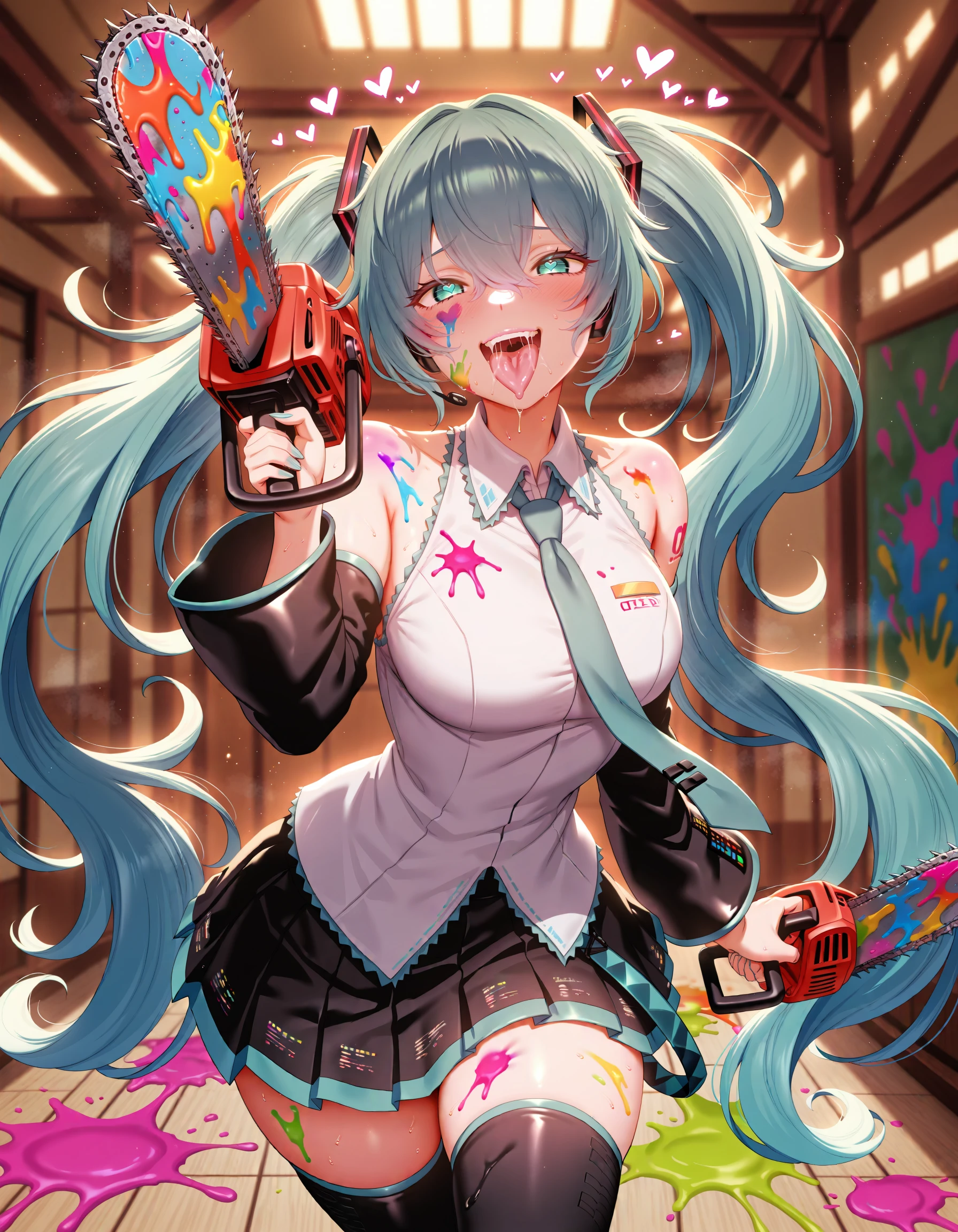 masterpiece, best quality, highres, year 2024, Mdastarou,  1girl, solo, hatsune miku, chainsaw man,  tongue out, saliva, ahegao, chainsaw, holding, holding chainsaw, (rainbow paint splatter), paint splatter, smile, hearts, necktie, rainbow tie, skirt, pleated skirt, thighhighs, crazy, 