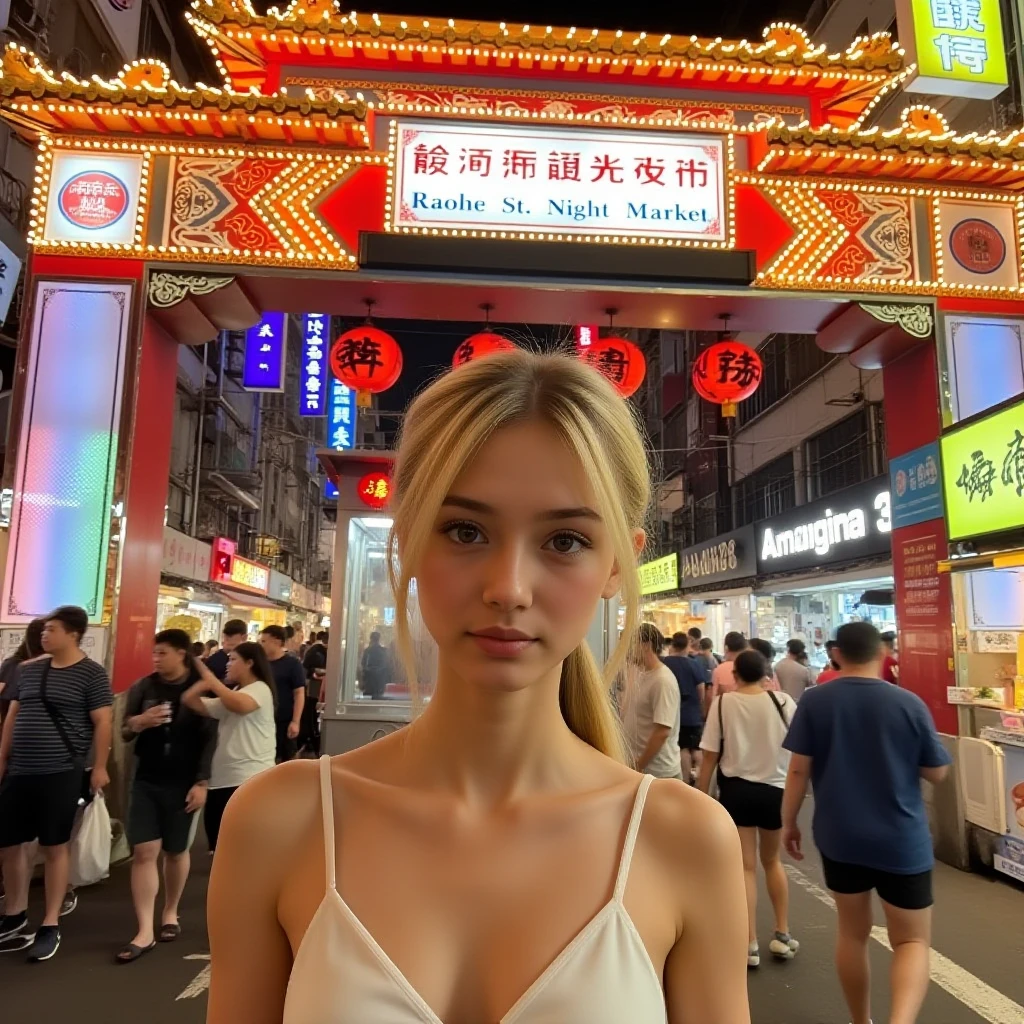 solo, 1girl, idol, young woman, caucasian female, blue eyes, blonde hair, long hair, ponytail, camisole, raohe street night market, chinese archway, messy cityscape, taipei alley, taiwan building, asian architecture, night sky, crowd, vendors, food stand, storefront, <lora:ImitationRaoheStreetNightMarket_flux:0.9>