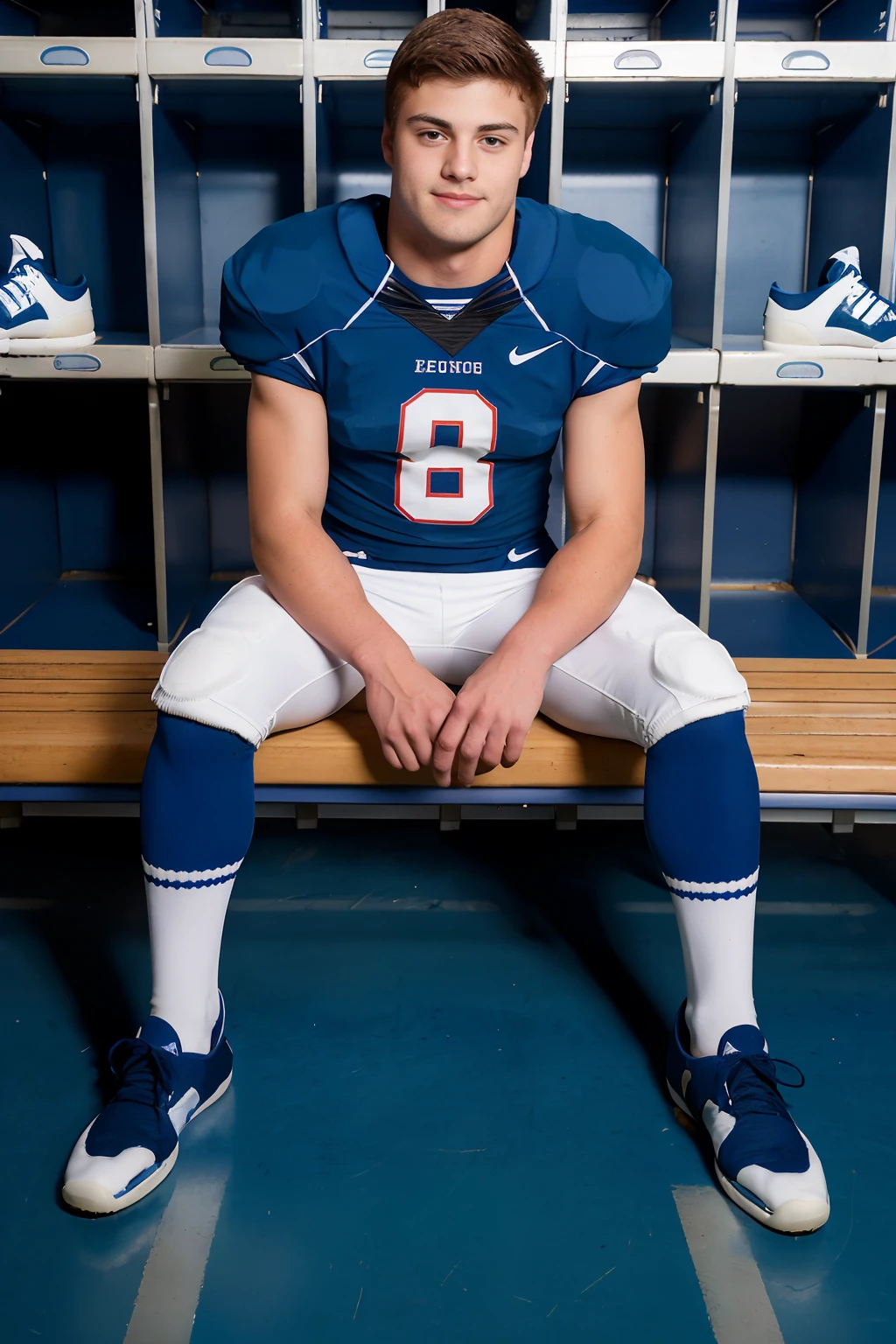 locker room, sitting on a bench, in front of lockers, slightly smiling, HunterPage is an (American football player), wearing dark blue (football uniform:1.3), jersey number 8, (white football pants:1.3), (dark blue socks:1.3), long socks, (sneakers:1.3), (((full body portrait))), wide angle  <lora:HunterPage:0.8>  <lora:add_detail:-0.5>