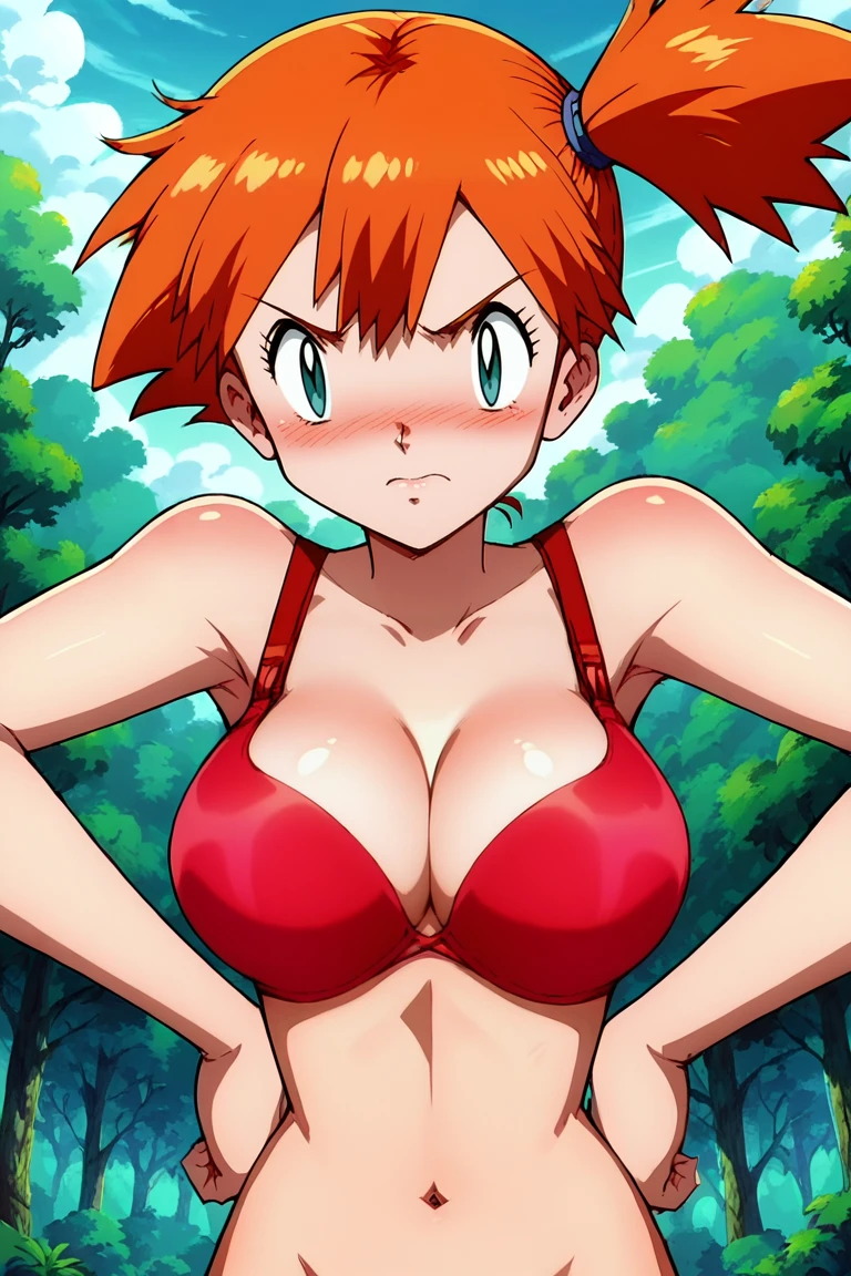 anime screencap, score_9, score_8_up, score_7_up, score_6_up, 1girl, solo, misty \(pokemon\), side ponytail, red bombshell bra, large breasts, blush, upper body, hands on hips, forest, tree, sky 
<lora:Classic_Bombshell_Pony:.9> <lora:Ultimate_Misty_Pony_XL:.8>