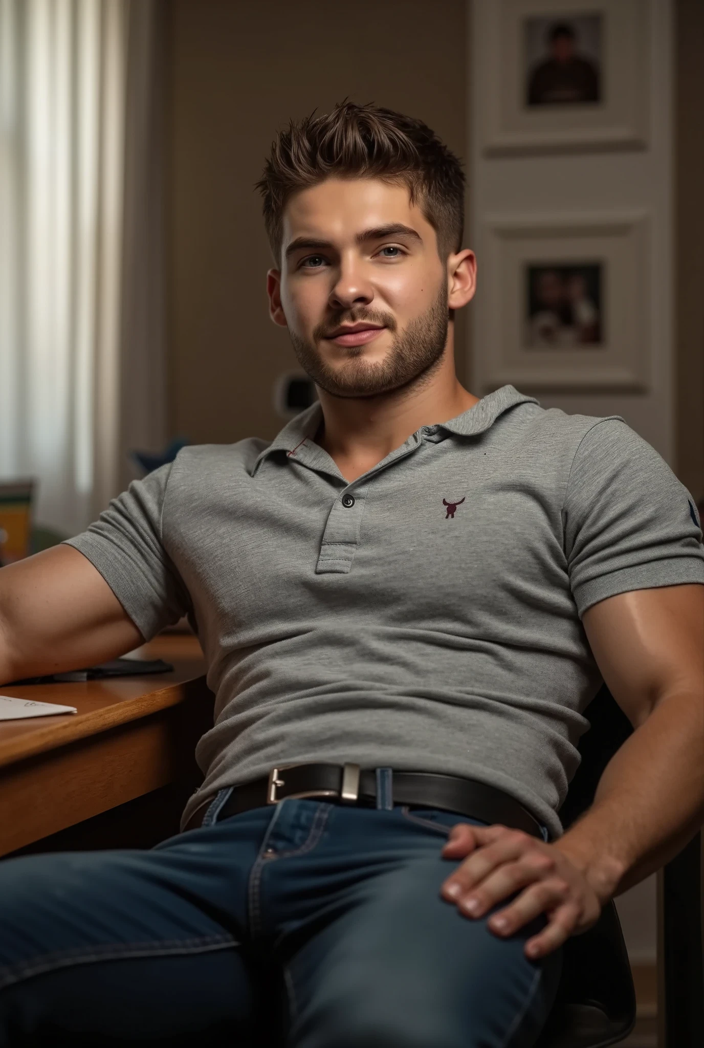 Cody Christian. This image is a high-quality photograph featuring Cody Christian with short, neatly styled brown hair and a trimmed beard, in what appears to be a dorm room. His facial expression is confident, looking at the viewer. He is dressed in a fitted, light grey polo shirt. He is wearing fitted denim jeans with a black belt and silver buckle. He is leaning back on a desk, smirking at the viewer. Almost flirtatiously.