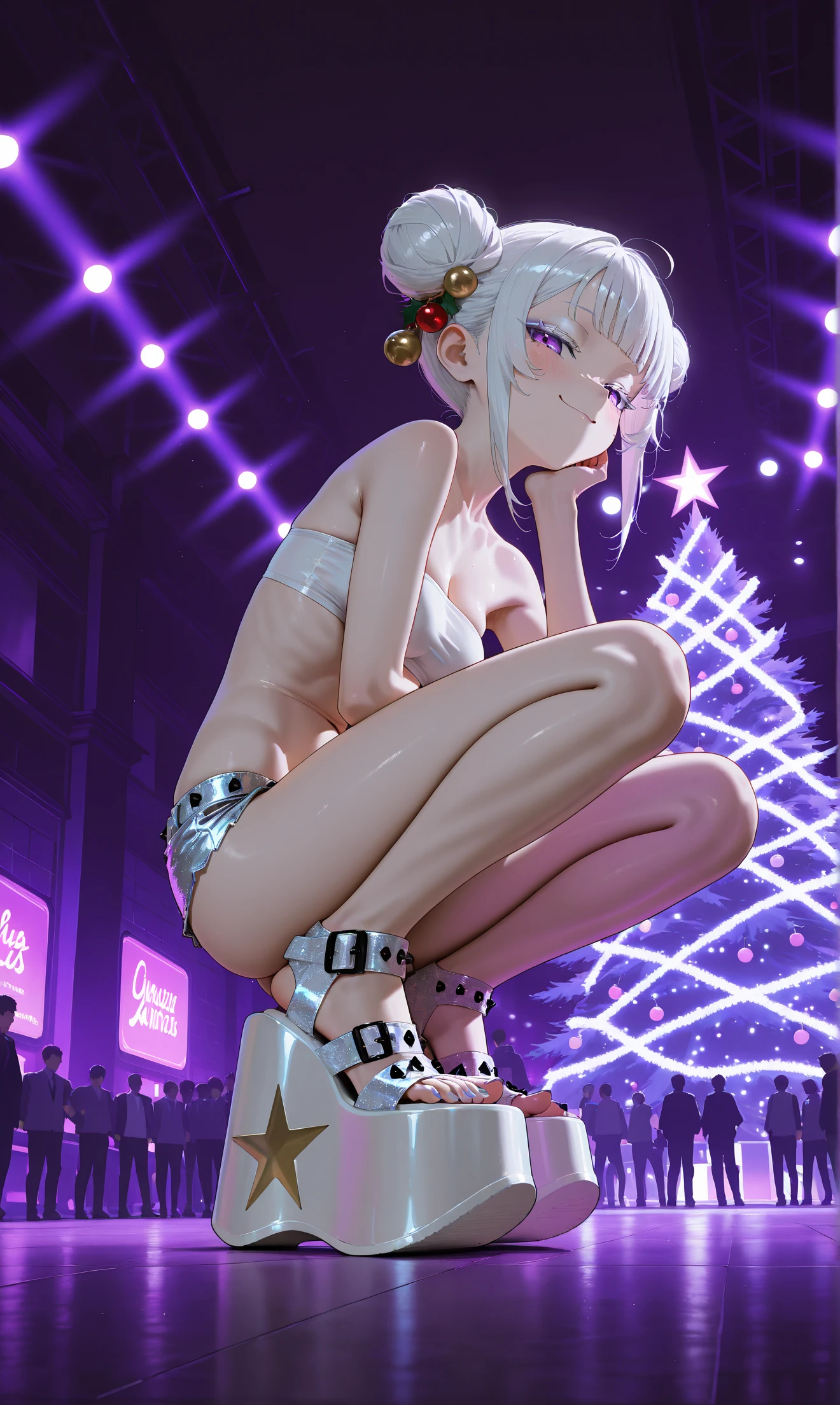 masterpiece, best quality, amazing quality, very aesthetic, high resolution, ultra-detailed, absurdres, newest, scenery,
low angle, from side,
1girl, 
feet, toes, perfect feet, detailed feet, white toenail polish,
dyn4mite sandals, (platform footwear:1.3),
smug, seductive, horny, looking at viewer, flirting,
squatting, spread legs,
white bandeau top,
silver microshorts, (lowleg:1.2), groin, mound of venus,
fat mons, cameltoe,
medium breasts,
skinny, petite, 
white hair, double bun, christmas themed hair ornaments,
white makeup, white eyeshadow,
pale skin,
rave, crowded room, faceless crowd, indoors, dark theme, purple theme, blacklights, laser lights, 
christmas theme, christmas tree,