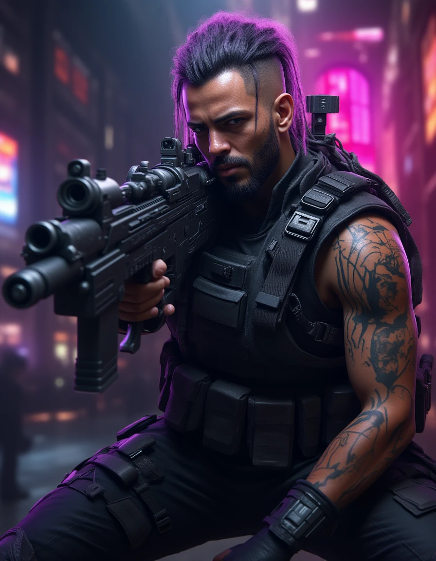 <lora:cyberpunk_512_dev_f1_k:1> a cyber punk scene from a movie, gun man, tattoo, fight