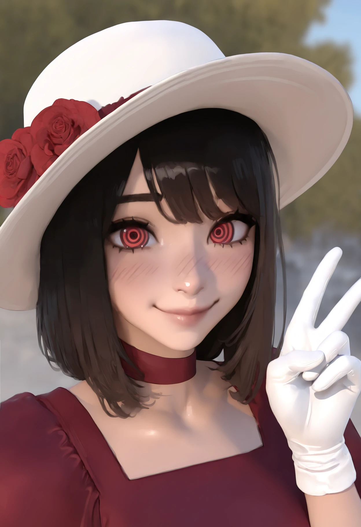 masterpiece, best quality, newest, absurdres, highres, 1girl, solo, smile, hat, gloves, red eyes, dress, red dress, choker, ringed eyes, white gloves, upper body, brown hair, black hair, blurry background, flower, medium hair, v, blush, closed mouth, red flower, portrait, outdoors, 
 <lora:popogori_ill:1>