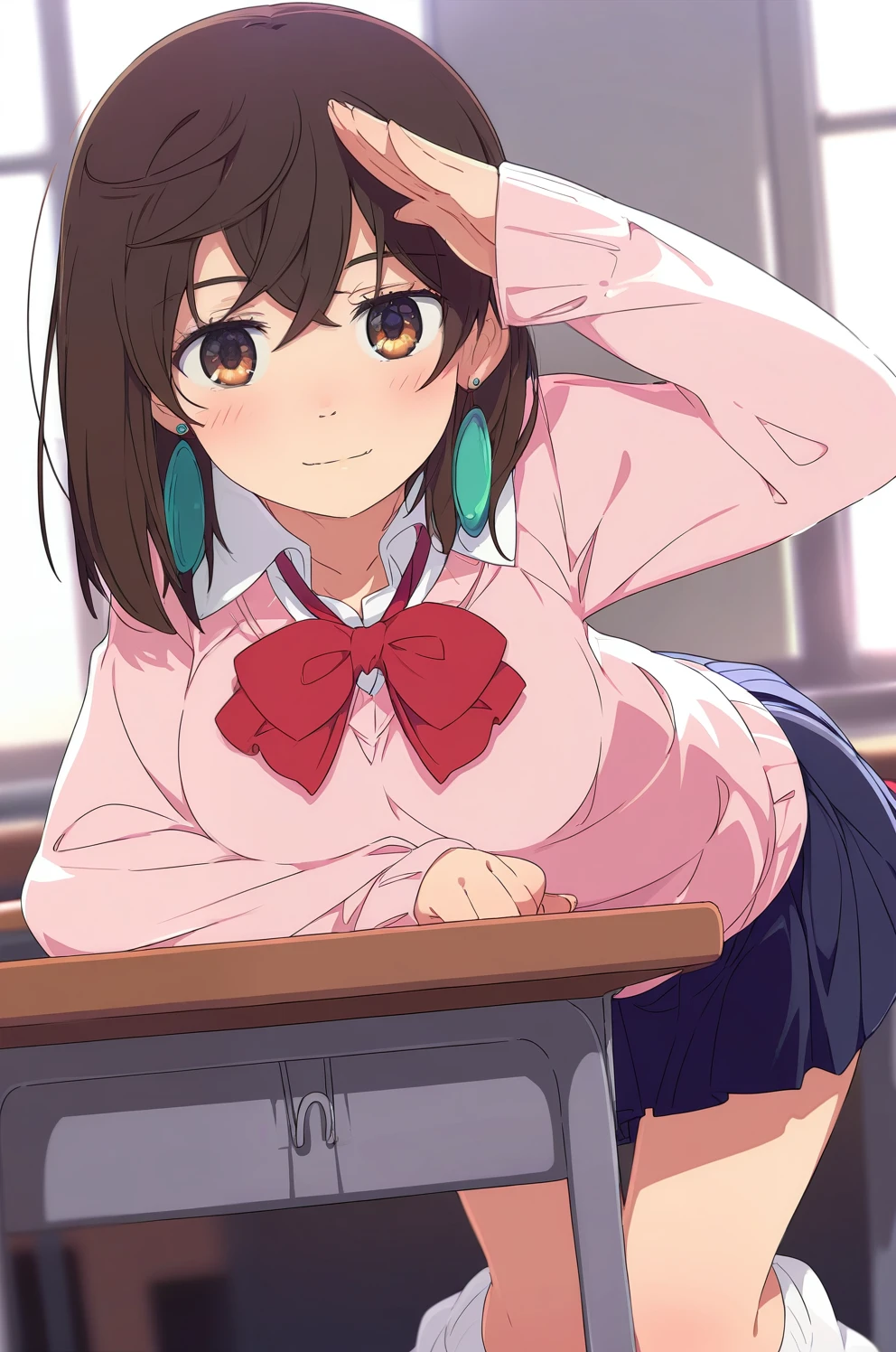 (masterpiece), (best quality), (intricate details, very aesthetic), absurdres, highres, 1girl,  <lora:momo_ayase-Illustrious:1> ayase_wz, medium hair, brown hair, brown eyes, large breasts, chocker, red bowtie, pink cardigan,  long sleeves, blue skirt, pleated skirt, miniskirt, school uniform, earrings, collared shirt, white shirt, loose socks, white socks, salute, leaning forward, closed eyes,  light smile, indoors, classroom,day, window, school desk, cinematic light, looking at viewer, cowboy shot, ogipote,