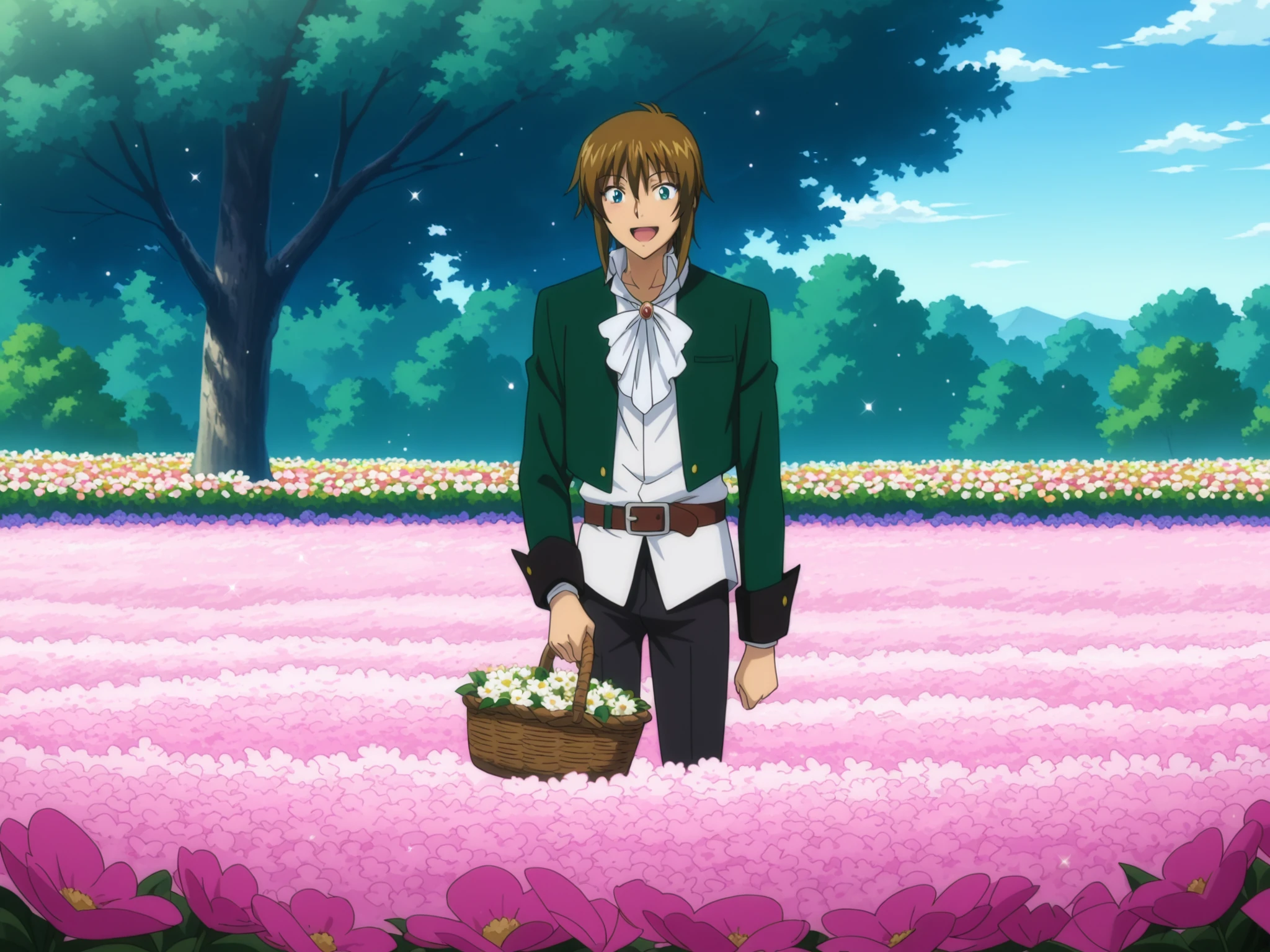 anime screencap, anime coloring, masterpiece,
outside, in a flower field, flower bed, blue skies, sunny, beautiful flowers everywhere, beautiful background, pretty mountains, trees,
<lora:Elf_Hime_Nina_characters_Nina_Miria_and_Kyle_-_Illustrious:.8>Kyle Van Ganossa (appearance),  1boy, brown hair, jacket, ascot, belt, long sleeves, pants,
sparkles, extremely happy man, :D,  mouth open, huge smile, man prancing in a flowerbed, man skipping in joy, comically huge expressive eyes, man holding a wooden basket filled with flowers, kawaii,