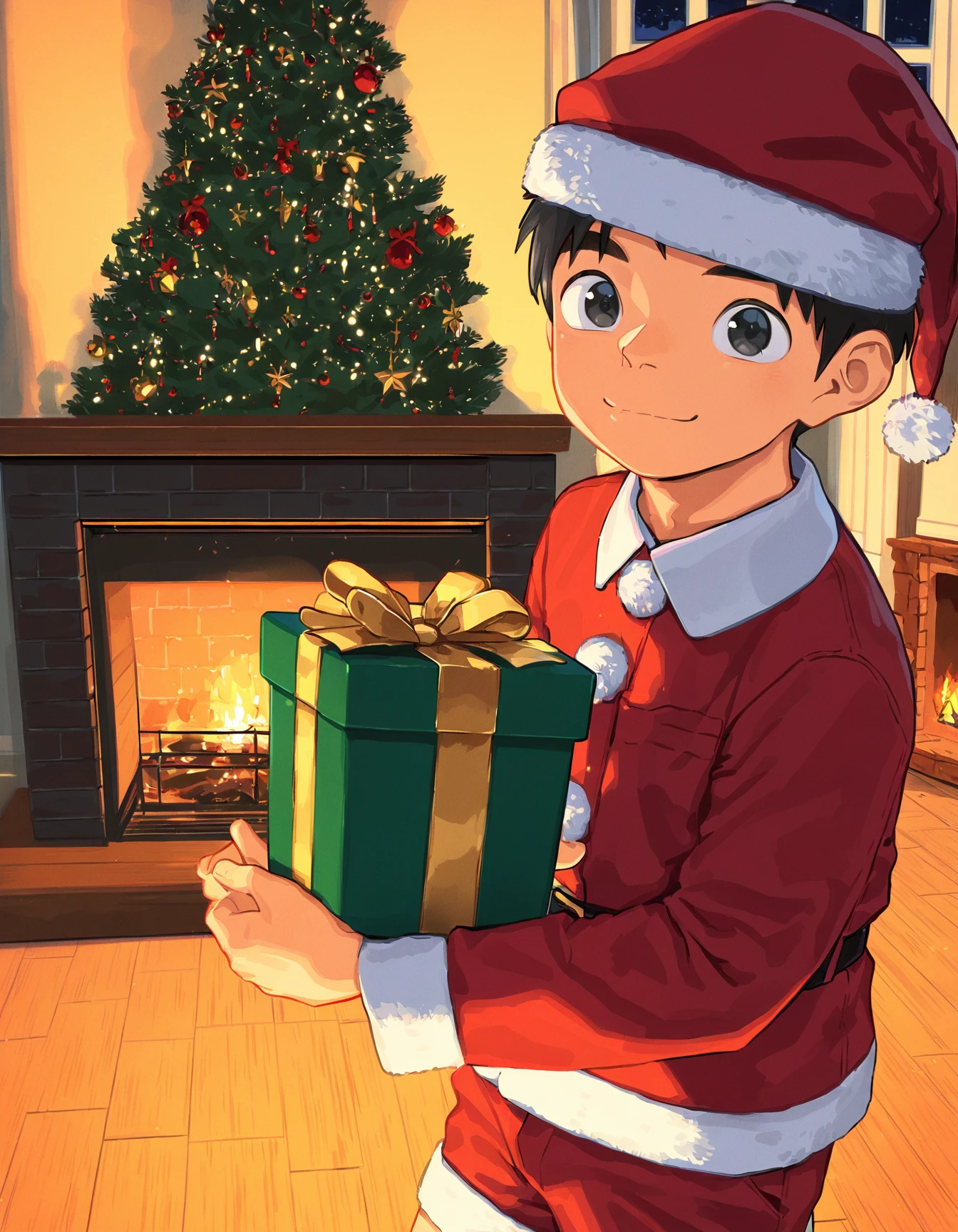 masterpiece, shounenzoom-style, 2020s, indoors, night, fireplace, christmas tree, 1boy, solo, black hair, black eyes, beautiful eyes, looking at viewer, santa hat, santa costume, red shorts, hair ornament, smile, holding gift <lora:shounen_zoom-naixl-v7Nc-ShoAI:1>