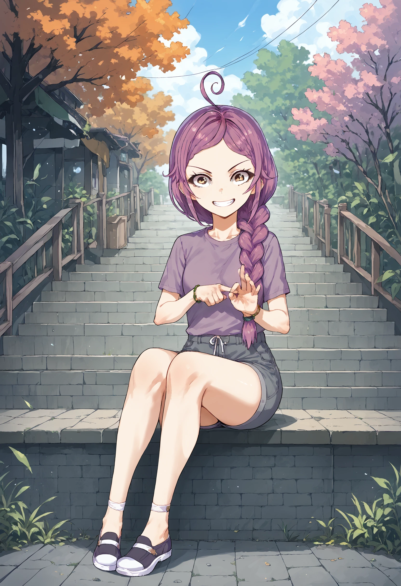 score_9, score_8_up, score_7_up, <lora:Lila_Original_Character-000007>, l1lako1, 1girl, skinyy body, skinny legs, purple hair, single braid, casual outfit, grin, sitting, anime_source, <lora:Sex_Gesture_4:0.8>, SGER, hands