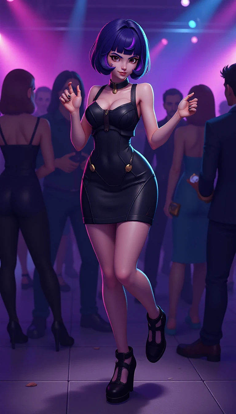 2d game art of Juno dressed in a black dress, dancing in a night club with a crowd of people. She has a slender, athletic build. She has short, dark purple hair styled in a bob with bangs, 2D Game Art, often for platformers, pixel art, or side-scrolling games. <lora:Juno_Flux:0.7>