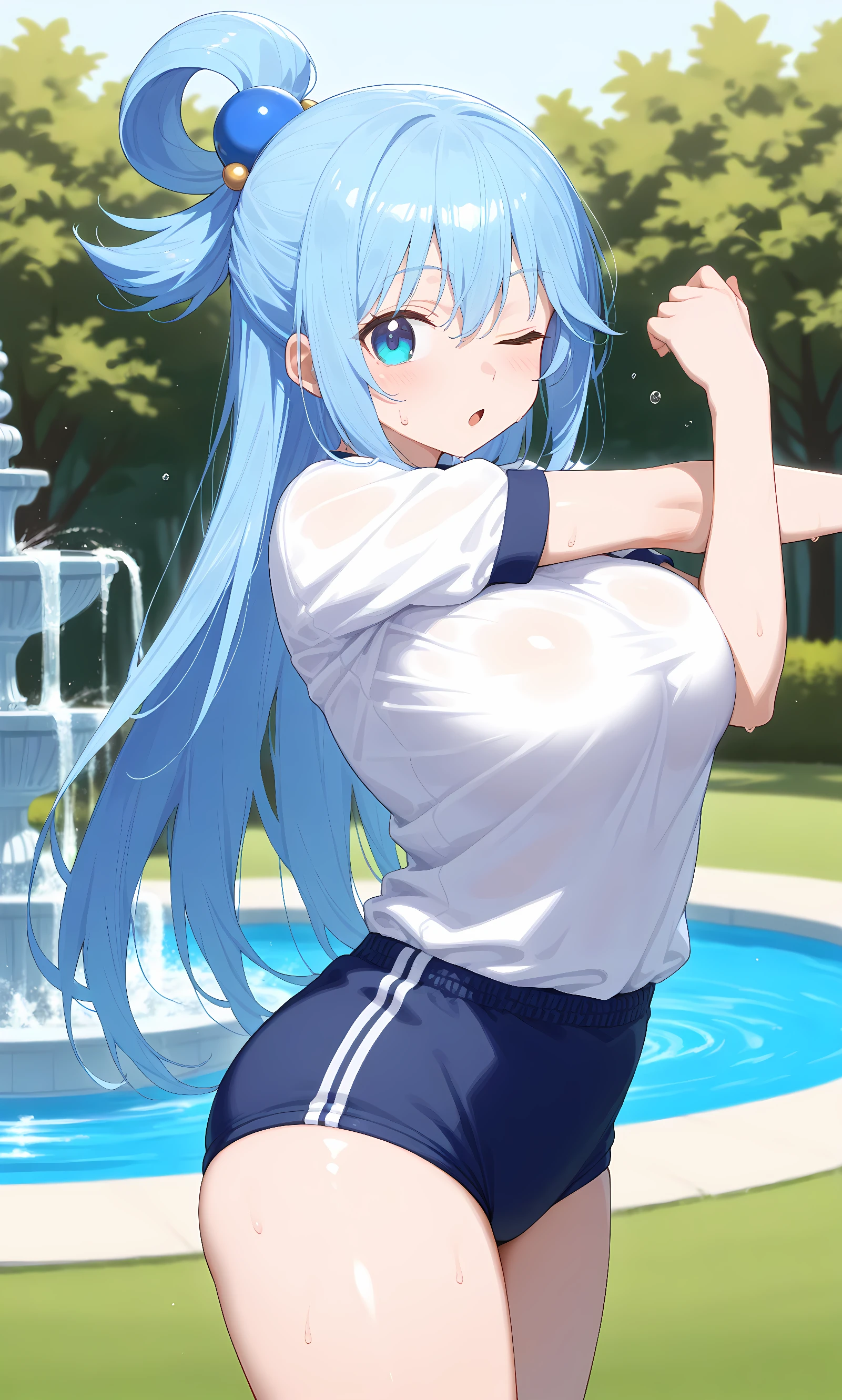 score_9, score_8_up, score_7_up, source_anime, 1girl, solo, outdoors, park, fountain, cowboy shot, looking at viewer, shiny skin, close-up, looking at viewer, standing, aqua \(konosuba\), blue eyes, blue hair, long hair, hair ring, white shirt, short sleeves, gym uniform, buruma, stretching, :o, sweat, one eye closed