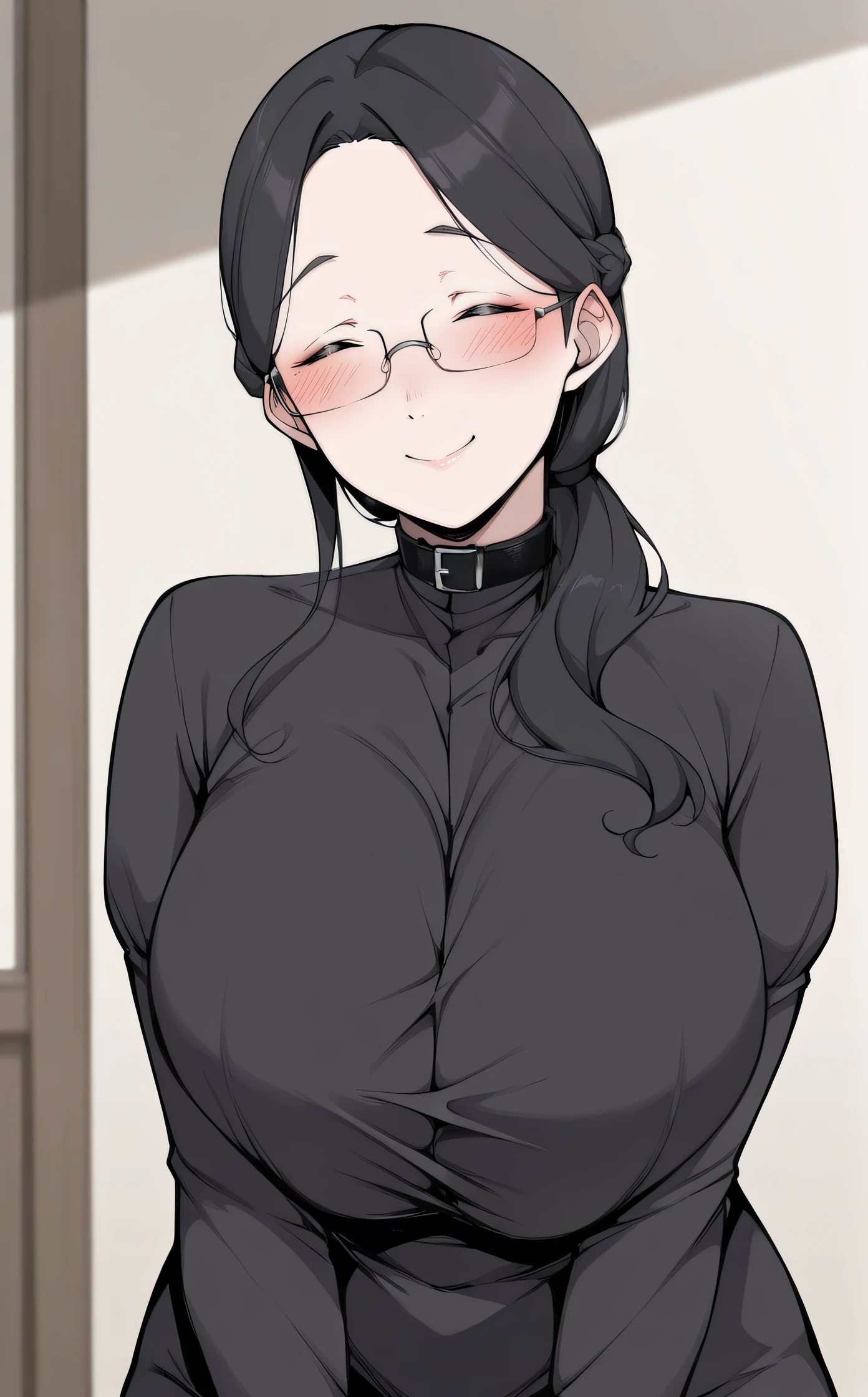 masterpiece, best quality, highres, newest, scenary, 1girl, official style, <lora:Blind_Lady:1>, blind lady, glasses, mature woman, black dress, black collar, taut dress, indoor, breasts squeezed together with arms, arms down, blush, closed eyes, upper body, blush, facing viewer, smile