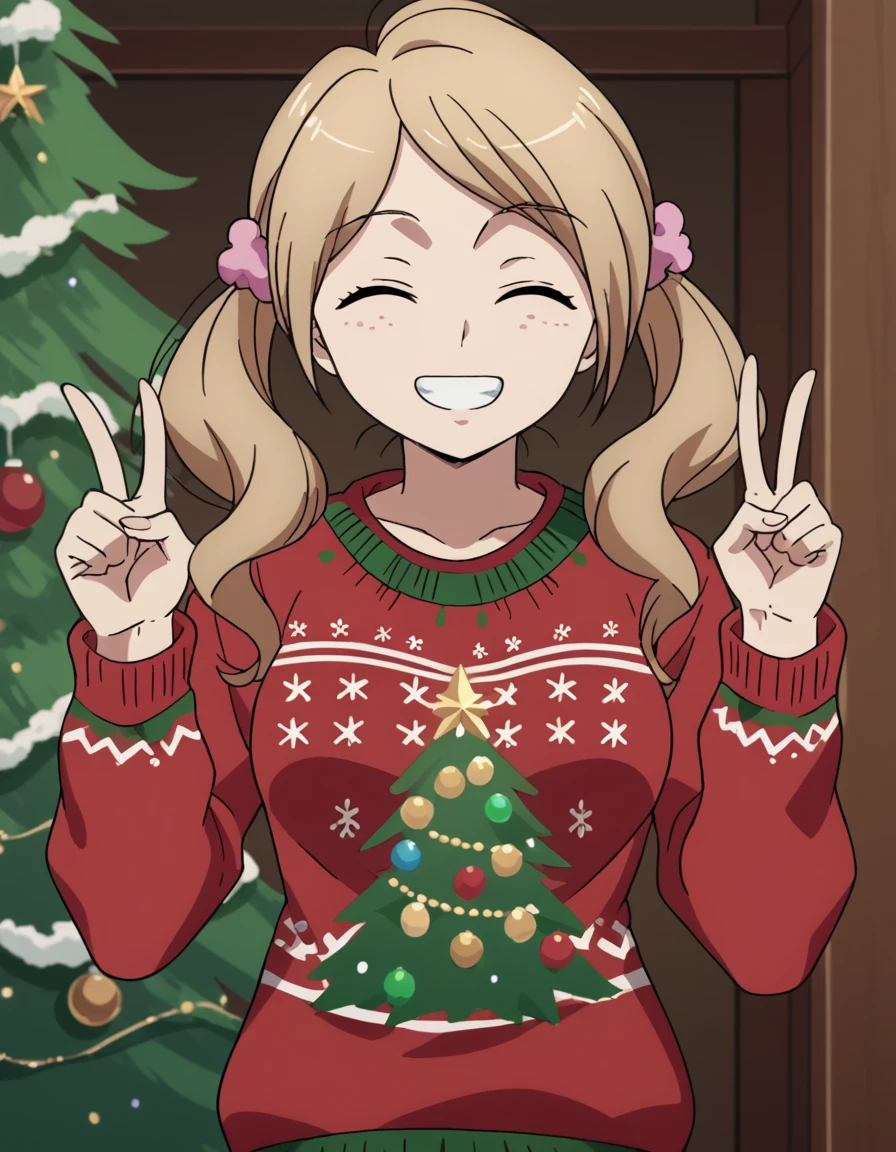 score_9, score_8_up, score_7_up, source_anime, <lora:nina-klein-s1-ponyxl-lora-nochekaiser:1>, nina klein, long hair, brown hair, green eyes, twintails, scrunchie, medium breasts, anime screencap,, <lora:christmas-sweater-ponyxl-lora-nochekaiser:1>, christmas sweater, christmas, ugly sweater, print sweater, red sweater, christmas tree, christmas ornaments, sweater, multicolored sweater, , v, smile, hands up, teeth, closed eyes, cowboy shot,, , dutch angle, cowboy shot