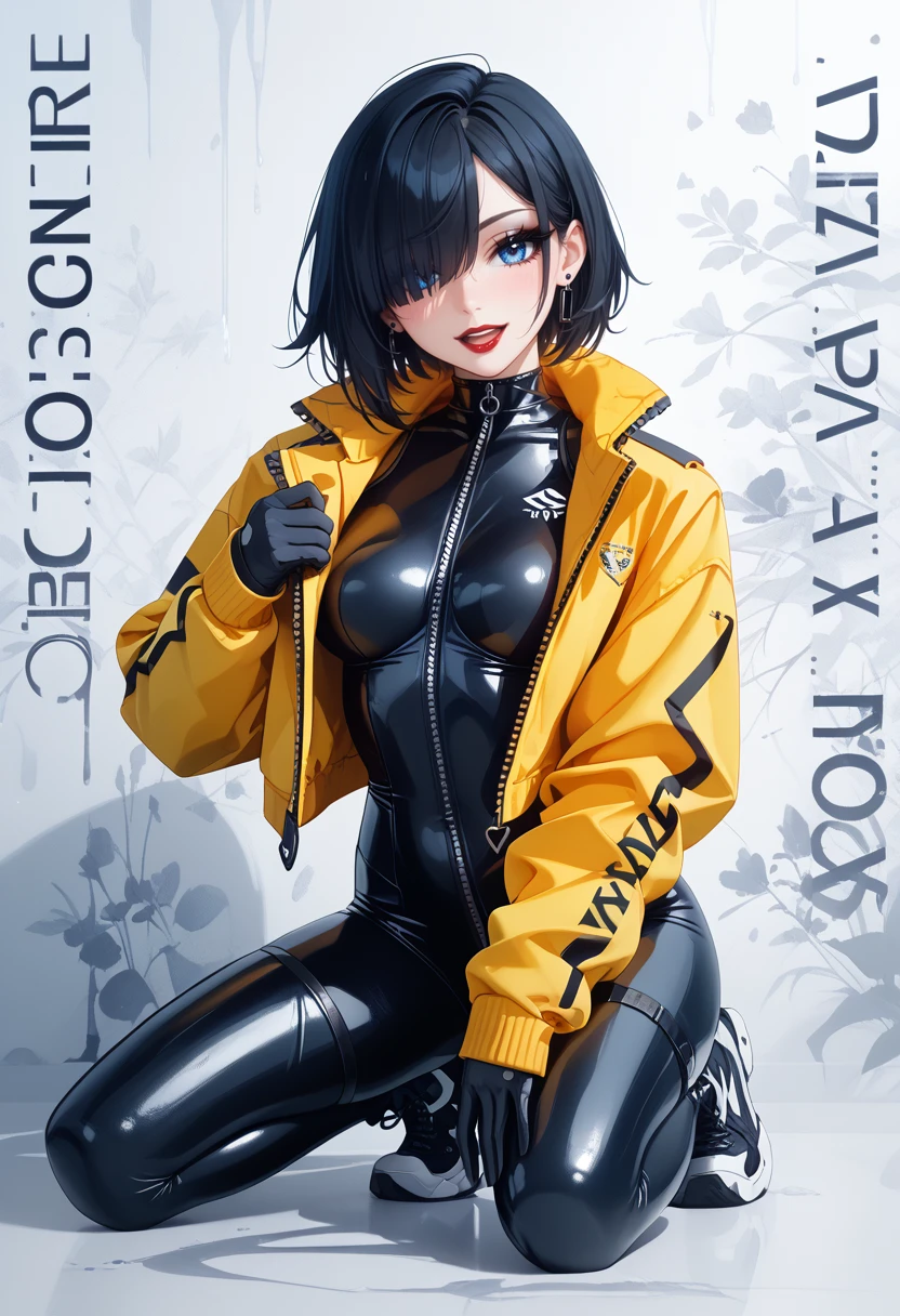 masterpiece,best quality, highly detailed, score_9, score_8_up, score_7_up, score_6_up, 
1girl, sk997cos_bodysuit, sk01 jacket, sk02 sneakers, yellow jacket, 
medium shot, 18 year old girl, cute innocent girl, slender body,
long sexy black hair, hair over one eye, long thick eyelashes, eye contact, perfect eyes, blue eyes, Goth girl, kneeling, dark red lipstick, black eye shadow, open mouth, 
seductive smile,
black gloves, white background,
 <lora:997sk cosplay PonyV3:0.8>