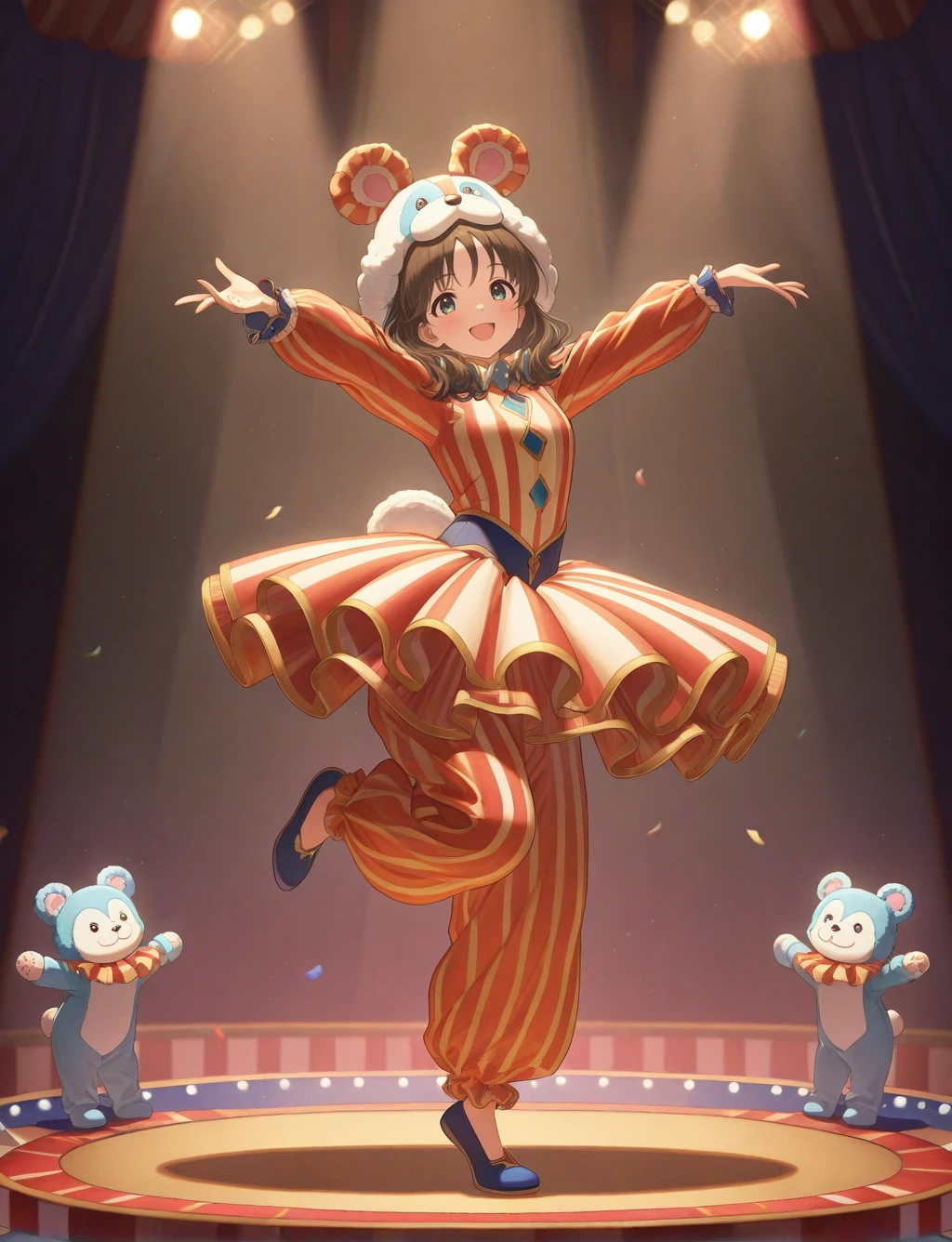 masterpiece,best quality,higres illustration,detailed face,1girl,<lora:IL_circus:1>,circus,smile,kigurumi,dancing,spotlight,wide skirt,