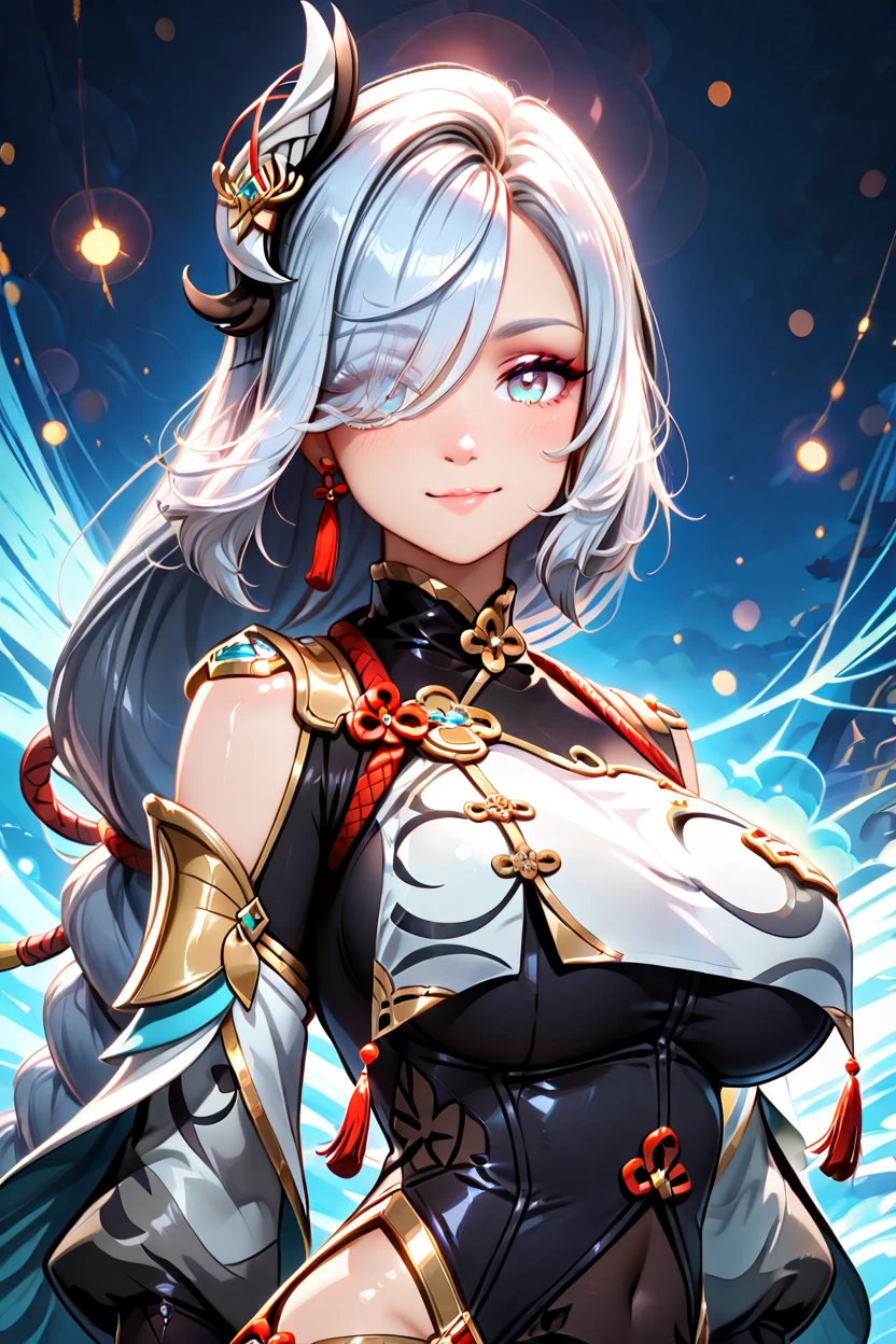 masterpiece, best quality, solo, curvy, beautiful eyes,,<lora:ShenheGenshinIXL:1.0>, zzShenhe, blue eyes, eyes visible through hair, hair over one eye, braided ponytail, grey hair, hair ornament, long hair, white hair, large breasts, very long hair, braid, tassel, gloves, bodysuit, jewelry, breast curtain, black bodysuit, upper body, side view, smile, looking at viewer, shiny skin,<lora:RealisticAnimeIXL_v2:1.0>, shiny skin, bokeh, luminescent background,