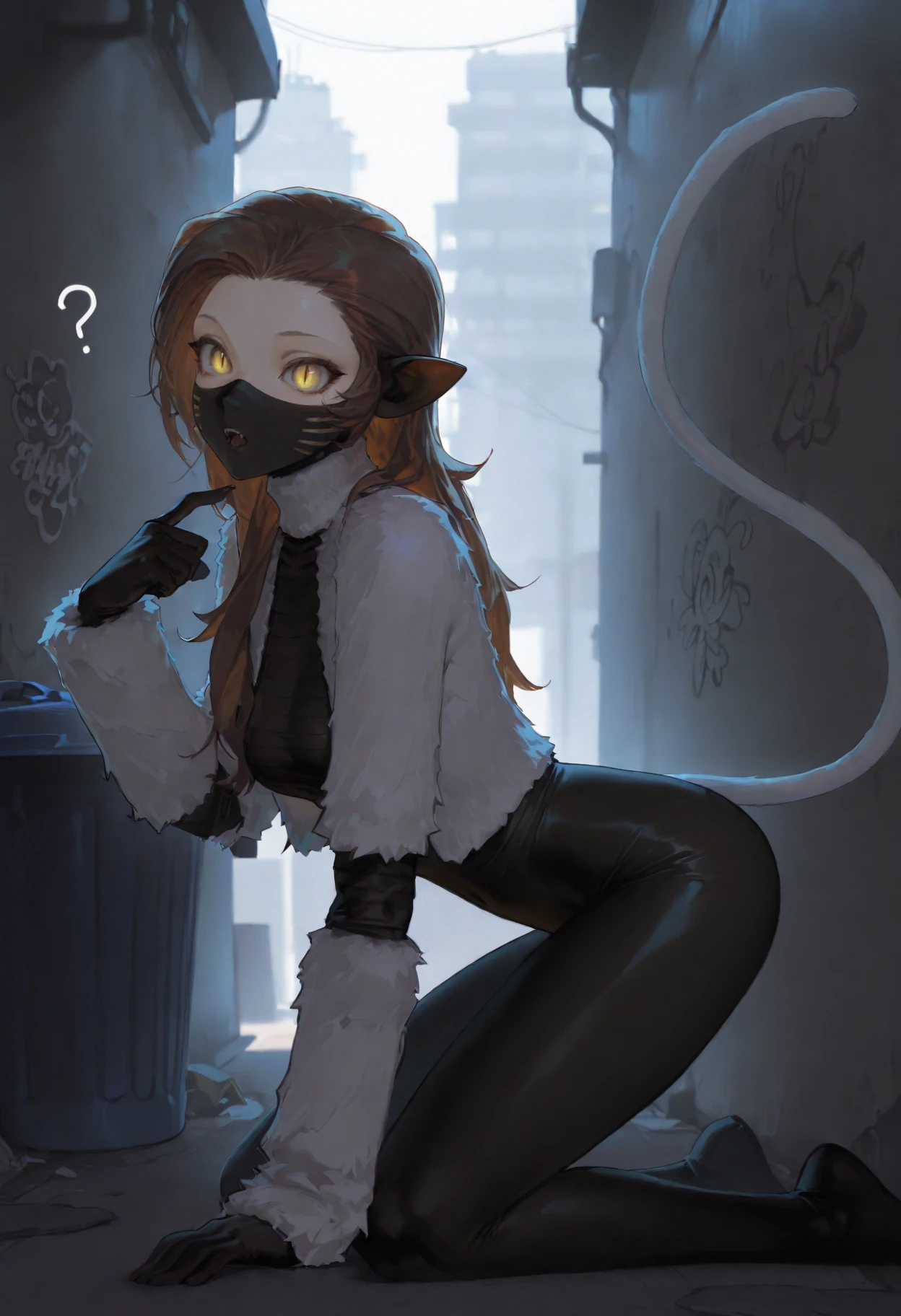 masterpiece, best quality, high quality, all fours, :o, ?, from side, pointing at self, <lora:NekomataSMT-illu:1> nekSMT, brown hair, long hair, yellow eyes, slit pupils, mouth mask, fangs, pointy ears, white cropped jacket, fur jacket, open jacket, long sleeves, black bodysuit, medium breasts, cat tail, white tail, alley, trash can, graffiti, city, day