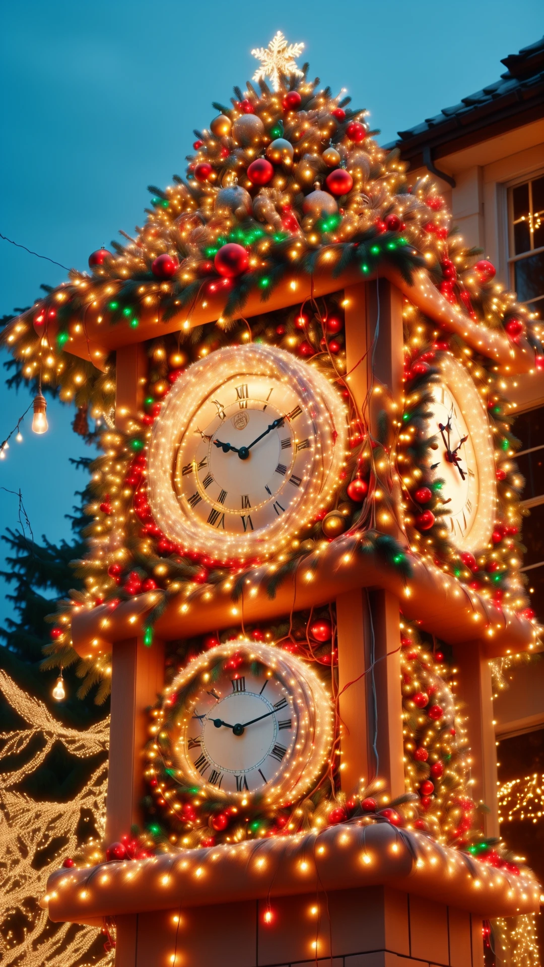 A photo of a ChristmasLightsStyle clock. Covered in Earthy Red christmas lights, <lora:ChristmasLightsStyleSD15:0.6>