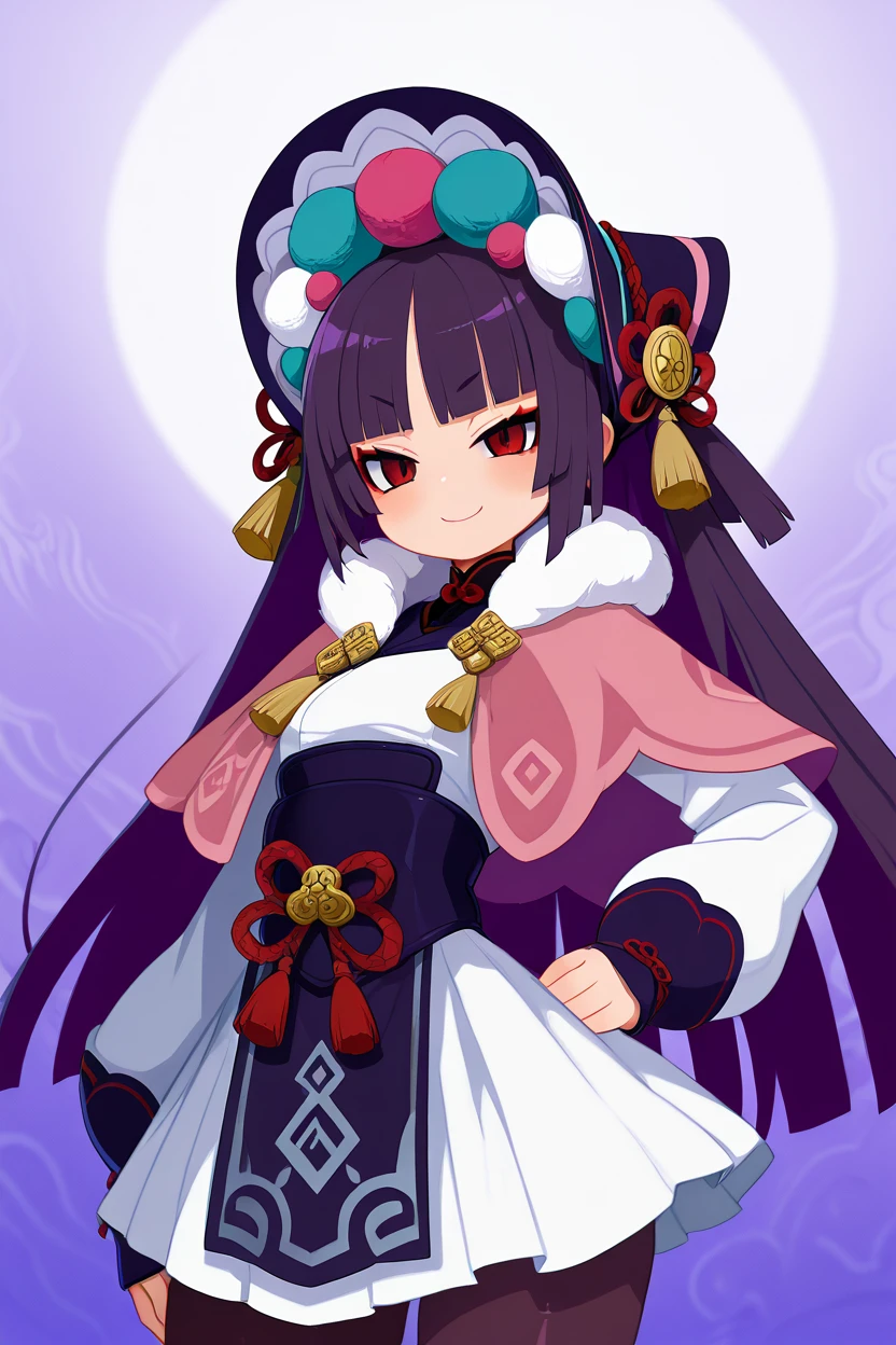 masterpiece, best quality, solo, curvy, beautiful eyes,,<lora:YunjinGenshinIXL:1.0>, zzYunjin, red eyes, red eyeshadow, black hair, hair ornament, long hair, purple hair, eyeshadow, blunt bangs, bonnet, long sleeves, dress, capelet, fur trim, makeup, pink capelet, white skirt, pantyhose,  cowboy shot, hand on hip, smug, smile, looking at viewer, shiny skin,<lora:HaradaTakehitoIXL_v3:1.3>, <lora:ZankuroIXLLight_v2:0.6>,