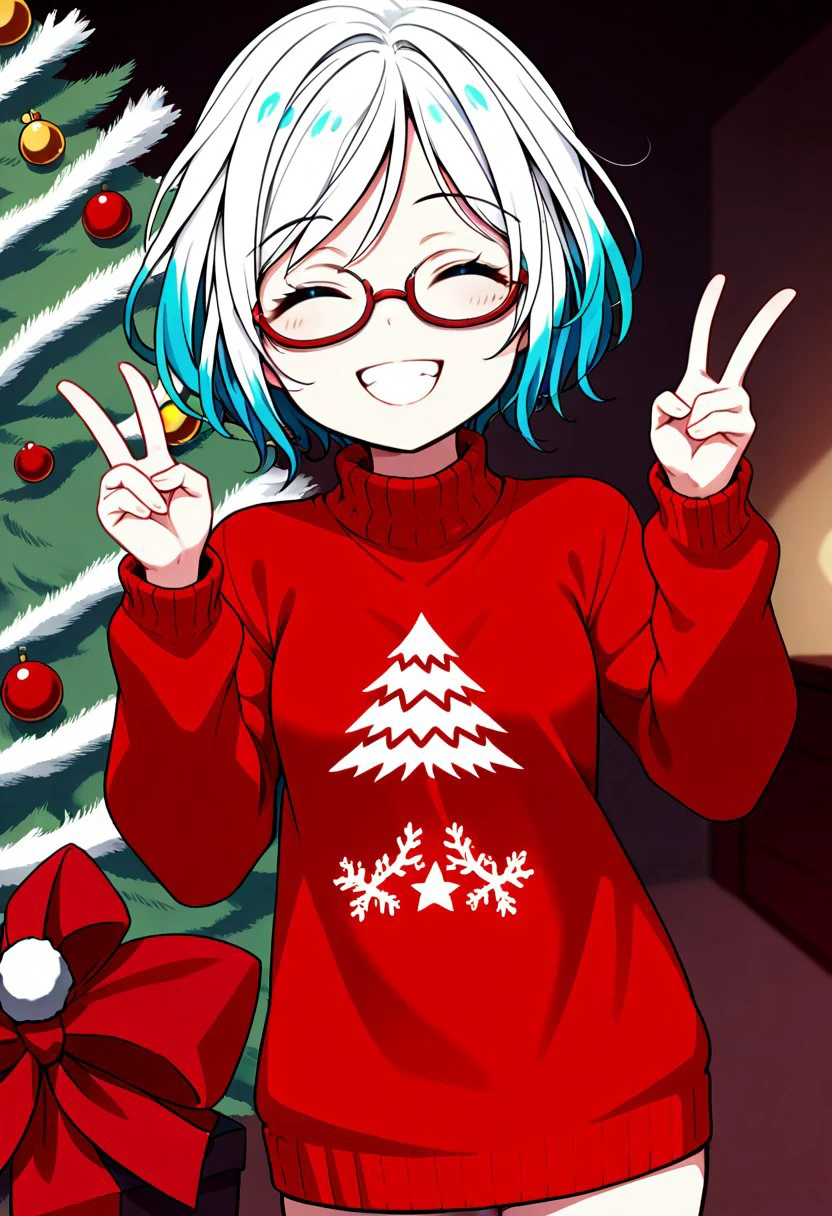 score_9, score_8_up, score_7_up, score_6_up, score_5_up, score_4_up, Shiroumi Kana, 1 girl, aquamarine hair, (blue eyes: 1.1), fins, red-framed glasses, short white hair, small breasts, <lora:christmas-sweater-ponyxl-lora-nochekaiser:1>, christmas sweater, christmas, ugly sweater, print sweater, red sweater, christmas tree, christmas ornaments, sweater, multicolored sweater, , v, smile, hands up, teeth, closed eyes, cowboy shot,, , dutch angle, cowboy shot