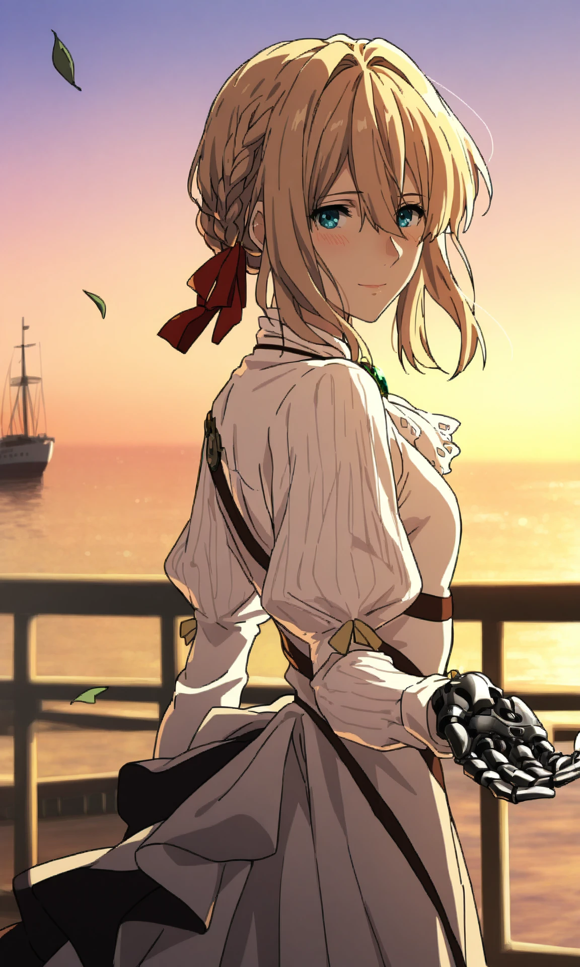 violetmv, 1girl, defaulthaircut, hair ribbon, mechanical hands, red ribbon, medium hair, white ascot, green gemstone, hair between eyes, blue eyes, juliet sleeves, bolo tie, blonde hair, long dress, white dress, looking at viewer, hair intakes, braid, looking at viewer, looking back, (reaching towards viewer:1.2), light smile, blush, railing, sea, ship, falling leaves, sunset, standing, cowboy shot, mature female, (skinny:1), (masterpiece, best quality, very awa, painting \(medium\):1.2)