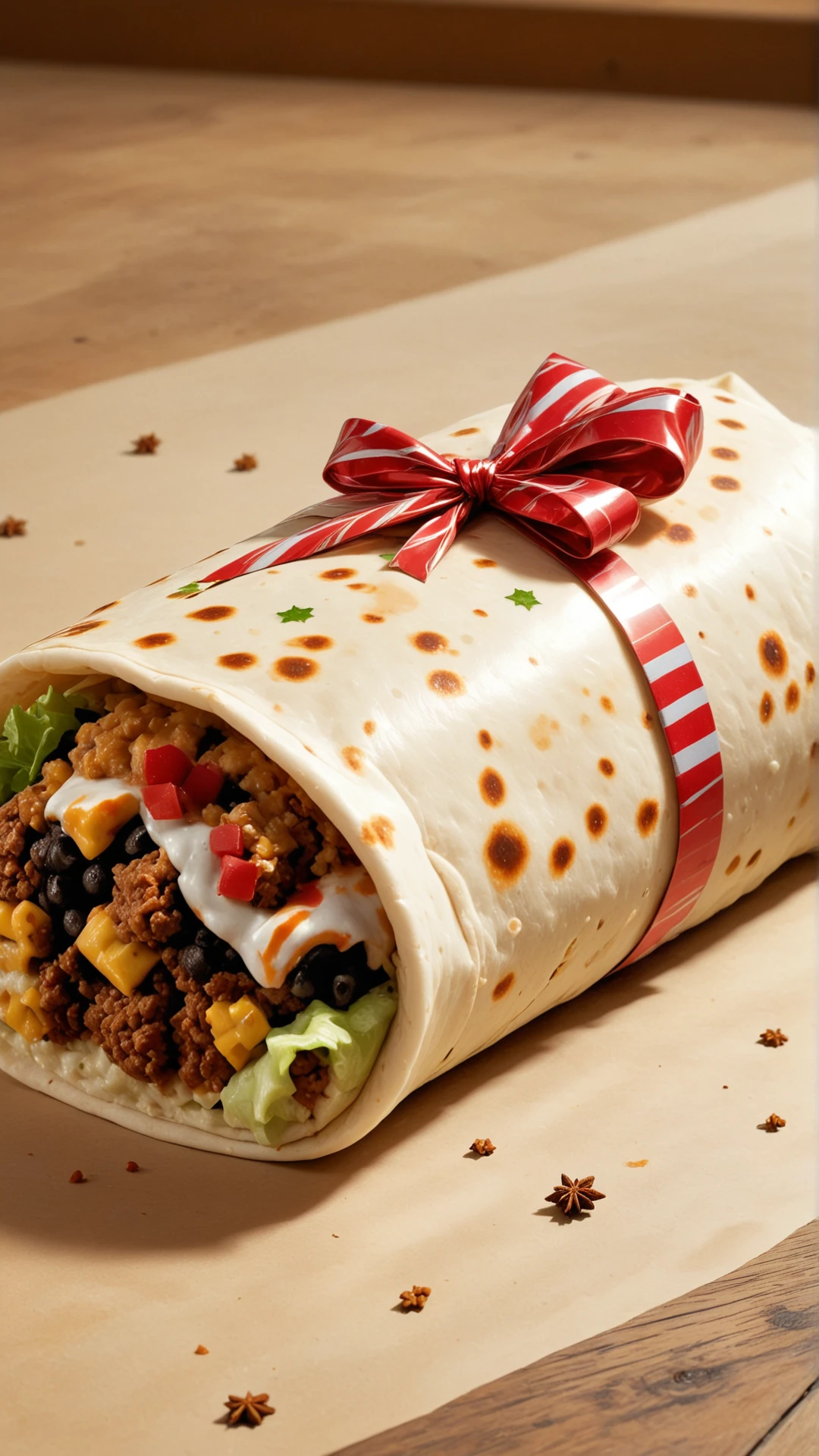 A ChristmasWrapped Burrito.
<lora:ChristmasWrappedSDXL:0.8>