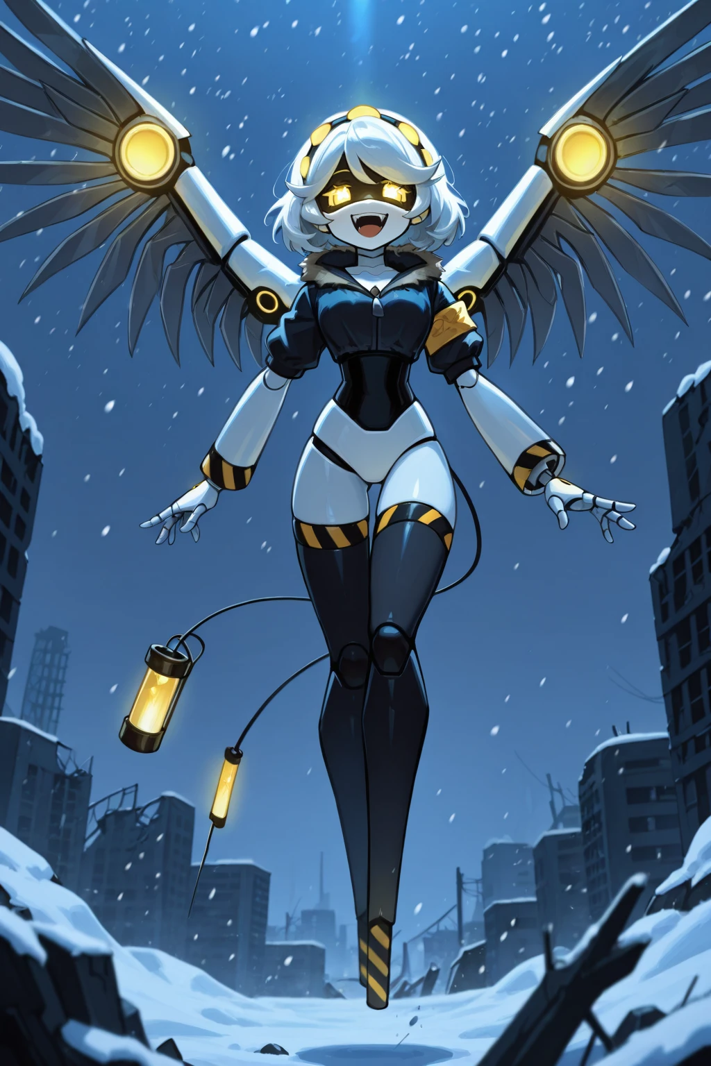 (masterpiece, high quality, highly detailed, best quality),
SD-V, 1girl, solo, robot girl, humanoid robot, robot joints, hairband, short white hair, yellow eyes, virtual led eyes, smile, open mouth, fangs, looking at viewer, fur-trimmed black jacket, armband, mechanical wings, tail, tail syringe, arm cannon, no feet, floating, in air, flying, BREAK, full body, outdoors, snow, snowing, winter, night, dark, destroyed city, ruins,
(masterpiece, high quality, highly detailed, best quality)