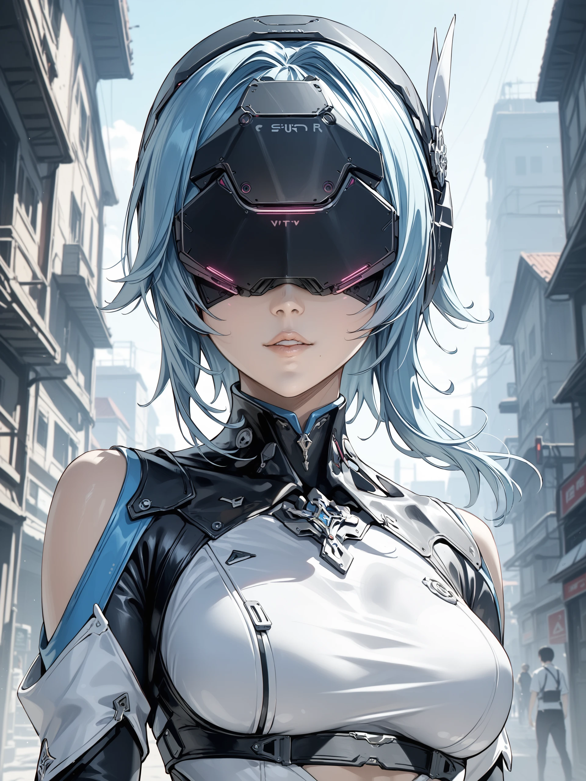 score_9, score_8_up, score_7_up, 1girl, (eula \(genshin impact\):0.6), science fiction, stdt001, (helmet, covered eyes, vr headset), leotard, shirt, dutch angle, upper body, medium hair, parted lips <lora:visormask_spda-000004:1.0>