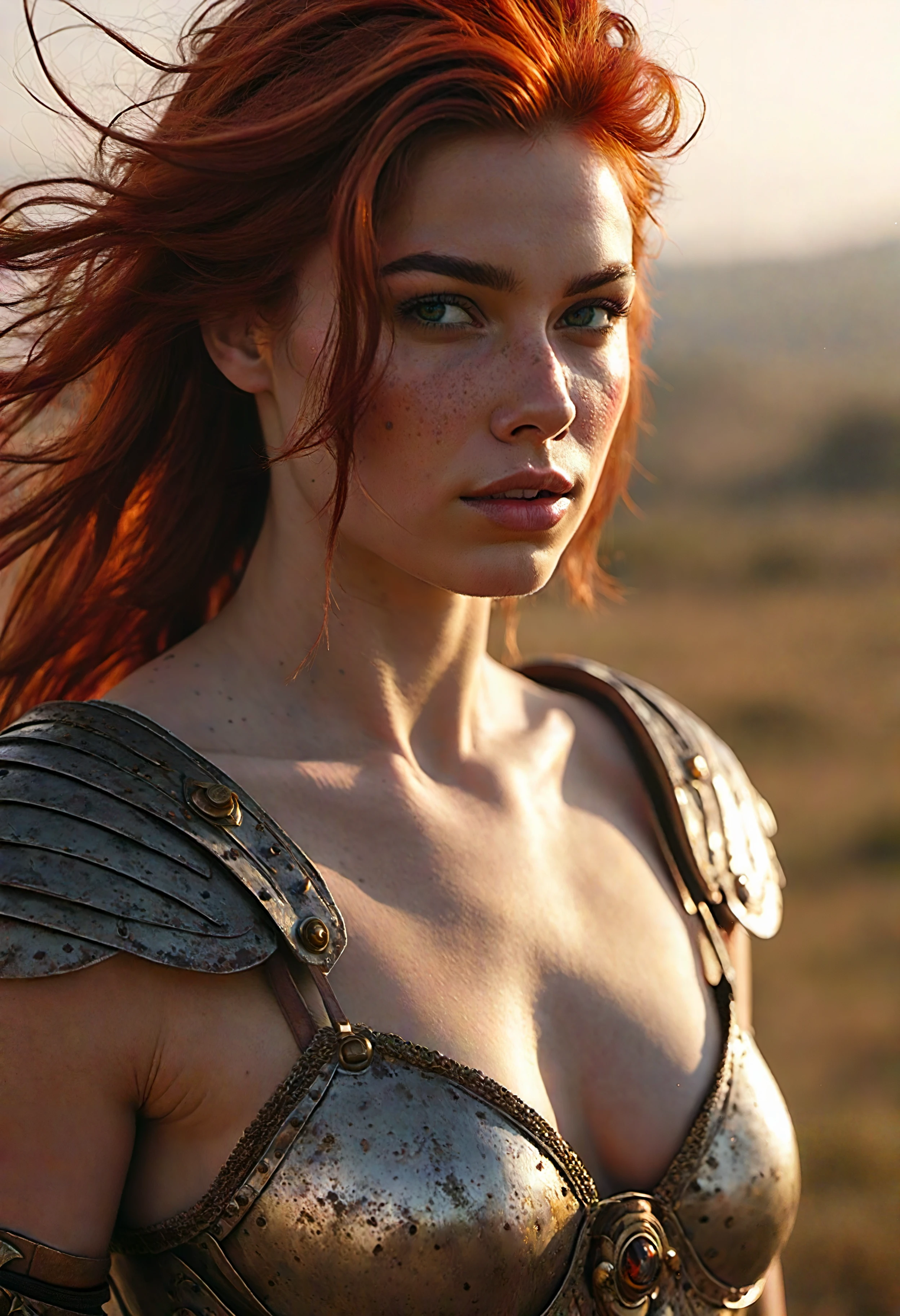 A red-haired naked female gladiator, with dark brown, dressed only with a loincloth, mid shot looking at the camera in the arena