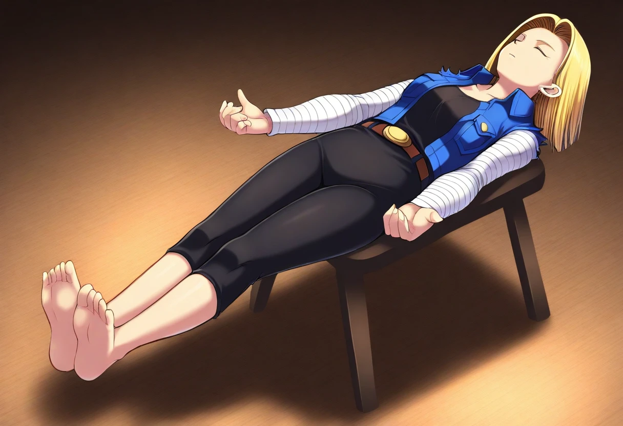 masterpiece, best quality, 1girl, solo, sole_female, android_18, (catalepsy), blonde hair, closed_eyes,chairs, backrest, barefoot, feet, raised_leg, raised_arms, <lora:Catalepsy_-_Illustrious:0.9>