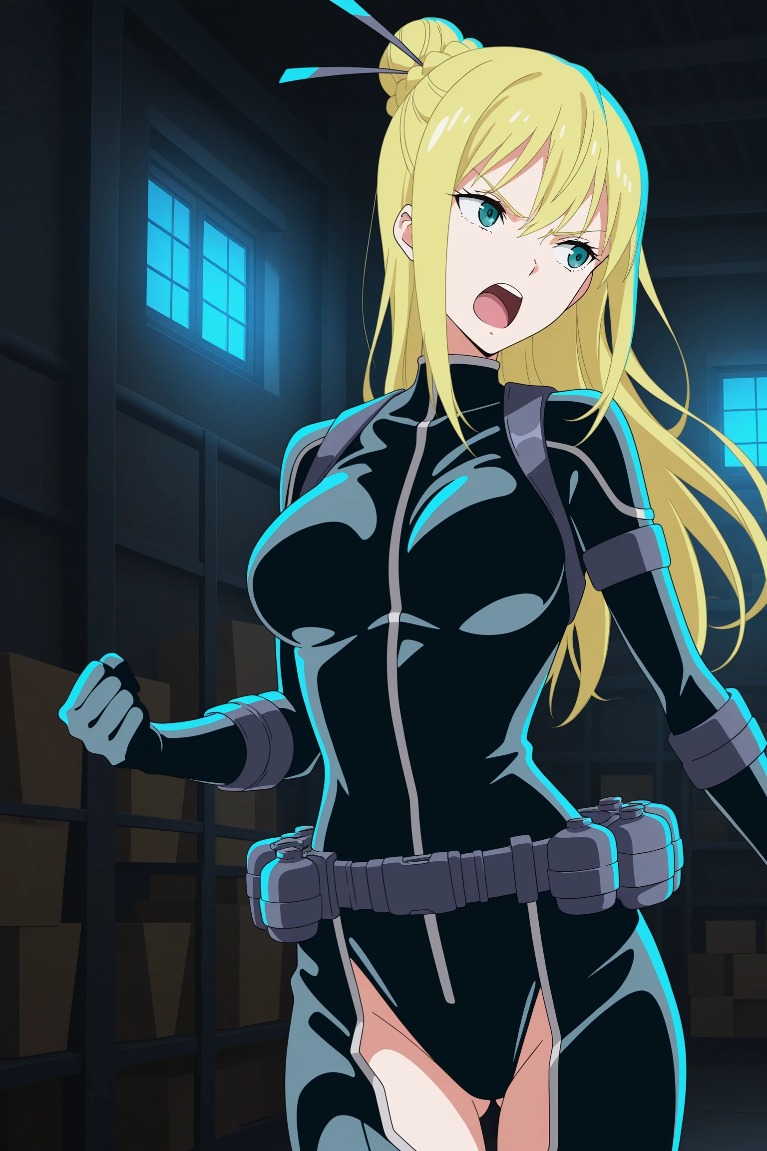 masterpiece, best quality, amazing quality, highres, absurdres, very aesthetic, high resolution, ultra detailed, perfect details, 1girl, solo, indoors, warehouse, night, medium breasts, nancy lee, blonde hair, long hair, hair ornament, single hair bun, braided bun, green eyes, bodysuit, utility belt, thigh cutout, ass cutout, high heels, <lora:Nancy_Lee_ILXL:0.8>, (upper body:1.5), looking to the side, angry, anime screencap, open mouth, (pose:1.5), flying kick