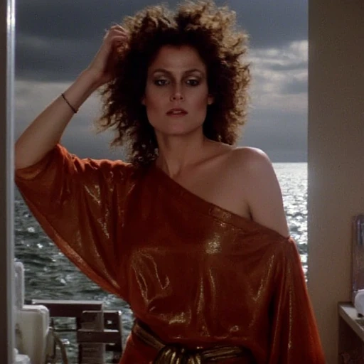 Possessed. The image is a photograph featuring a woman standing in a cozy, shiny texture that catches the light, possibly overlooking a body of water, and she has a confident, giving it a luxurious sheen. The outfit has a dramatic, Possessed. This is a photograph from the film "Desperately Seeking Susan, with one shoulder exposed, capturing her from the chest up. The woman has a fair skin tone and curly