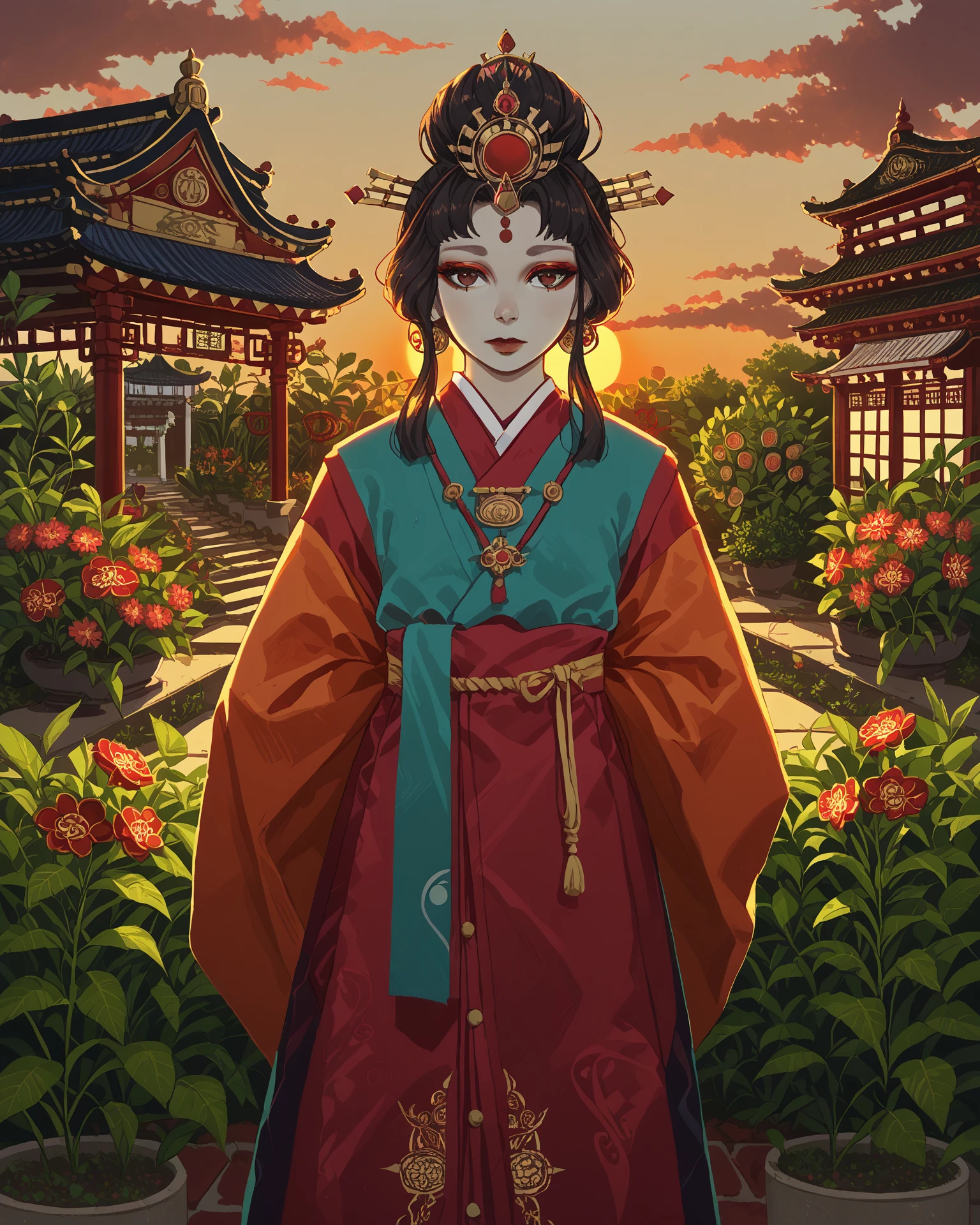 1girl, amateco, garden, sunset, hands behind back, ornate, masterpiece, highest quality, absurdres, digital art, score_9, score_8_up, score_7_up, <lora:AmaterasuCore_XL-000011:1.1>,  <lora:DKXLP:1> DK