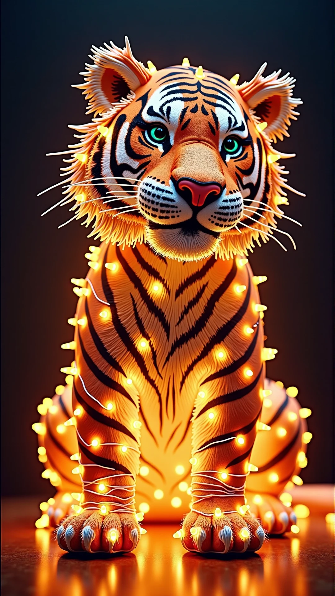 A creative picture of a ChristmasLightsStyle Tiger. Covered in apricot christmas lights, tangled wires all wrapped up
<lora:ChristmasLightsStyleFlux:0.6>