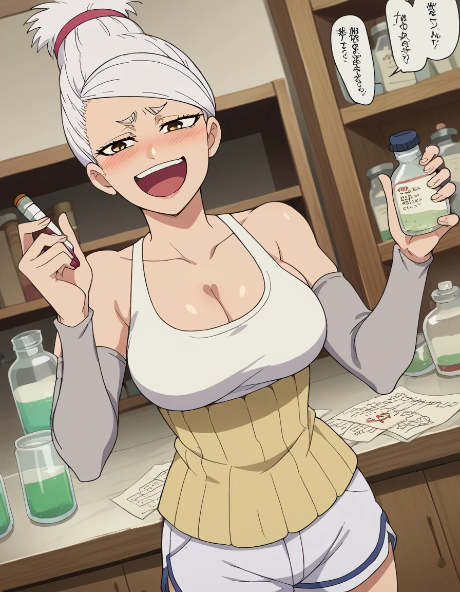 score_9, score_8_up, score_7_up, source_anime, <lora:saeko-ayase-s1-ponyxl-lora-nochekaiser:1>, saeko ayase, long hair, large breasts, white hair, brown eyes, anime screencap,, cleavage, detached sleeves, shorts, tank top,, pharmacy, medicine, shelves, counter, health, smile, <lora:pov-bullying-ponyxl-lora-nochekaiser:1> pov bullying, teasing, smug, bullying, laughing, open mouth, blush, hand up, cowboy shot,, looking at viewer, solo,, dutch angle, cowboy shot