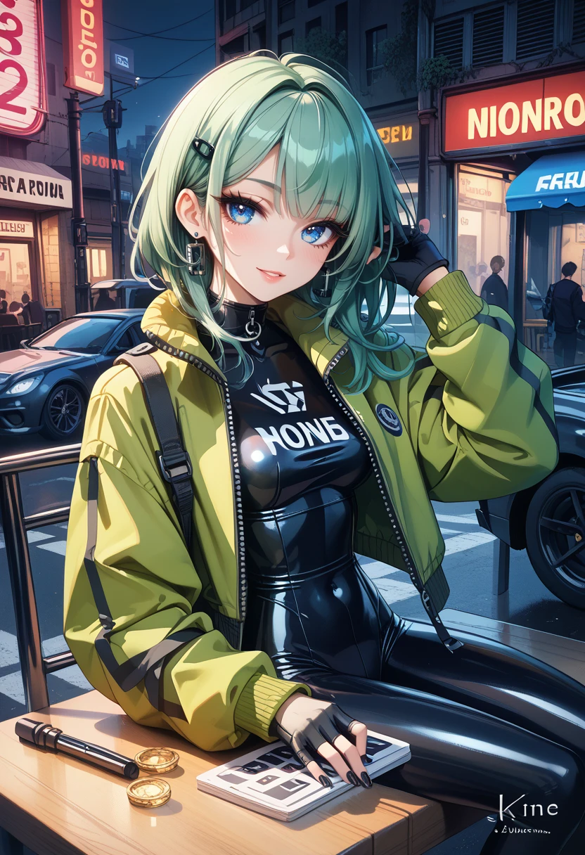 masterpiece,best quality, highly detailed, score_9, score_8_up, score_7_up, score_6_up, 
1girl, sk997cos_bodysuit, sk01 jacket, sk02 sneakers,
green jacket,
18 year old girl, cute innocent girl, slender body,
green hair,
straight hair  long thick eyelashes, eye contact, perfect eyes, blue eyes, Goth girl,
Seated at a vanity table, she delicately applies lipstick, her reflection a portrait of timeless beauty ,
seductive smile,
black gloves, 
pedestrian-friendly zone ,
 <lora:997sk cosplay PonyV3:0.8>